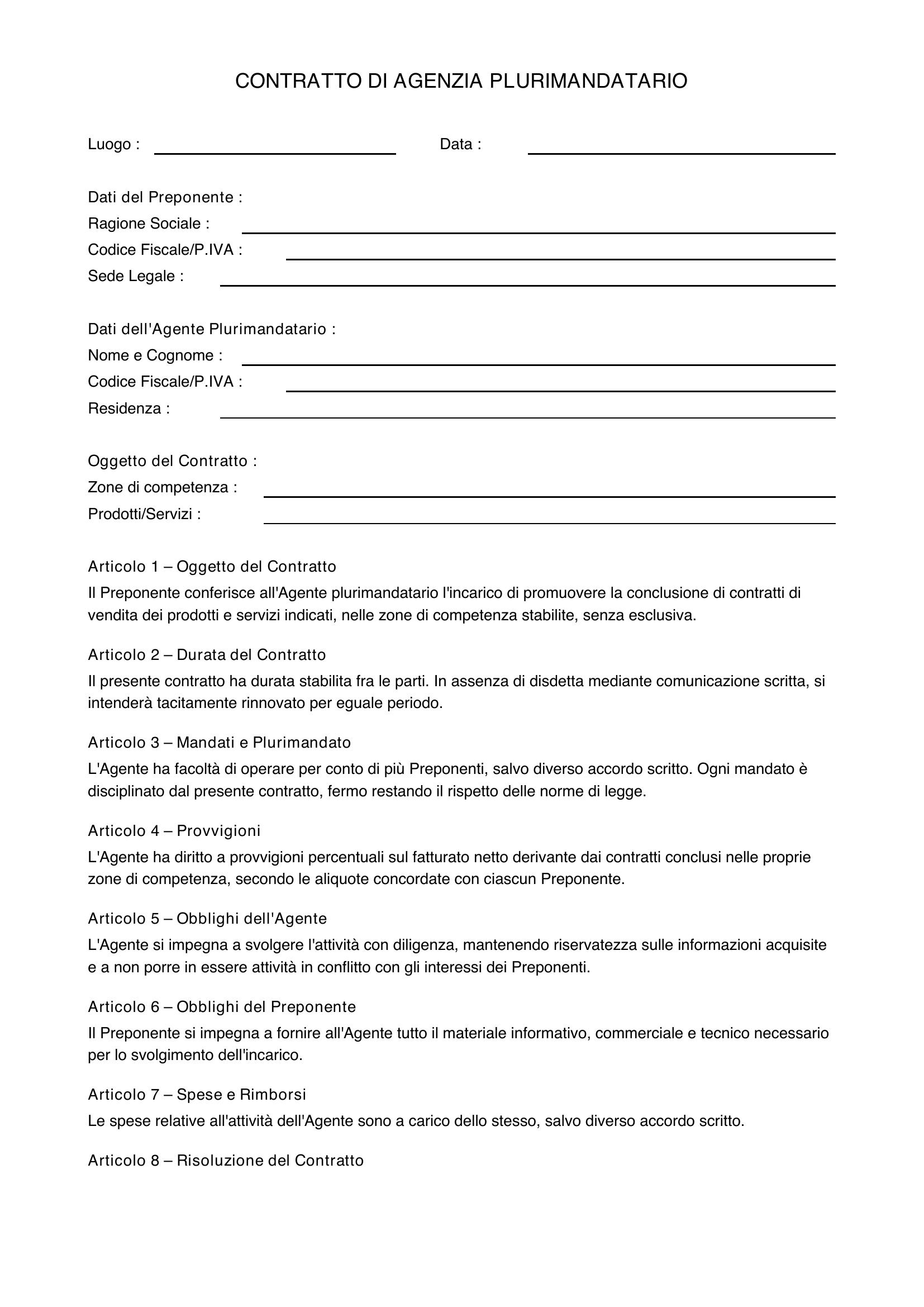 Contratto Agente Di Commercio Plurimandatario Fac Simile