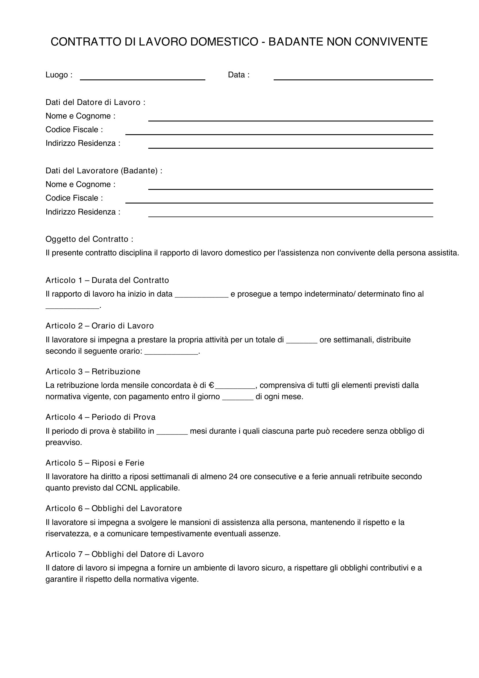 Contratto Badante Non Convivente