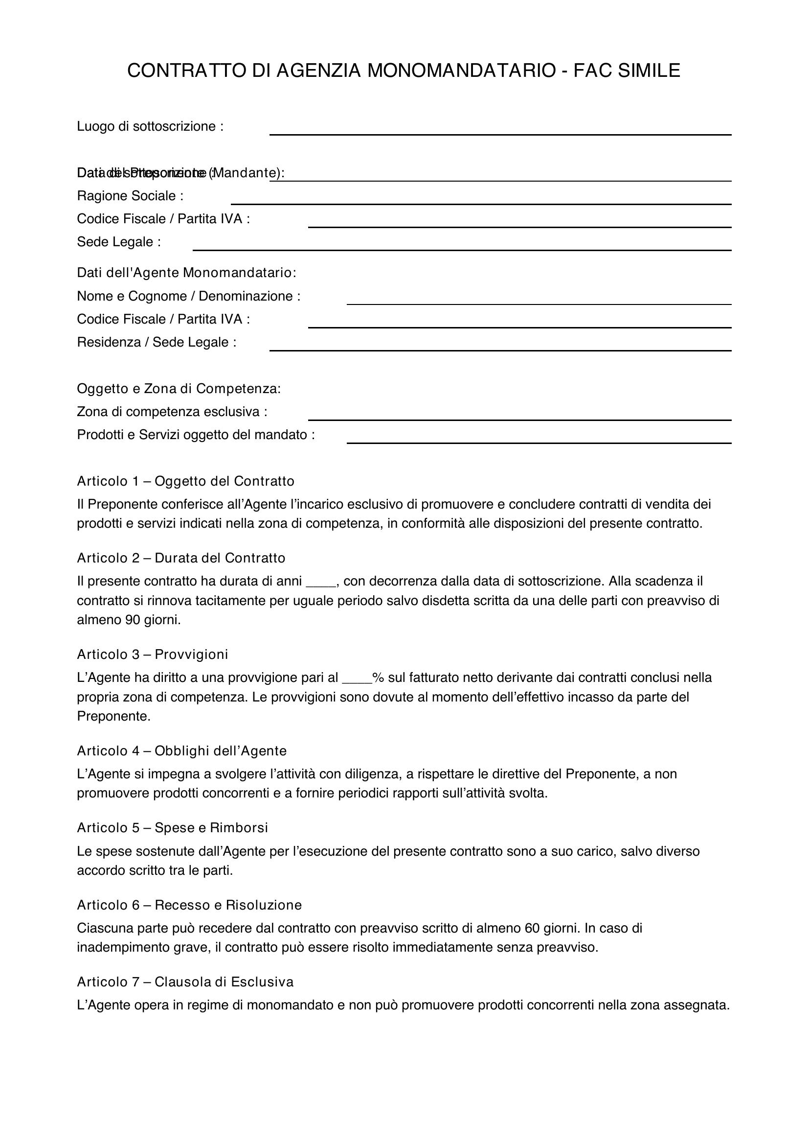 Contratto Di Agenzia Monomandatario Fac Simile
