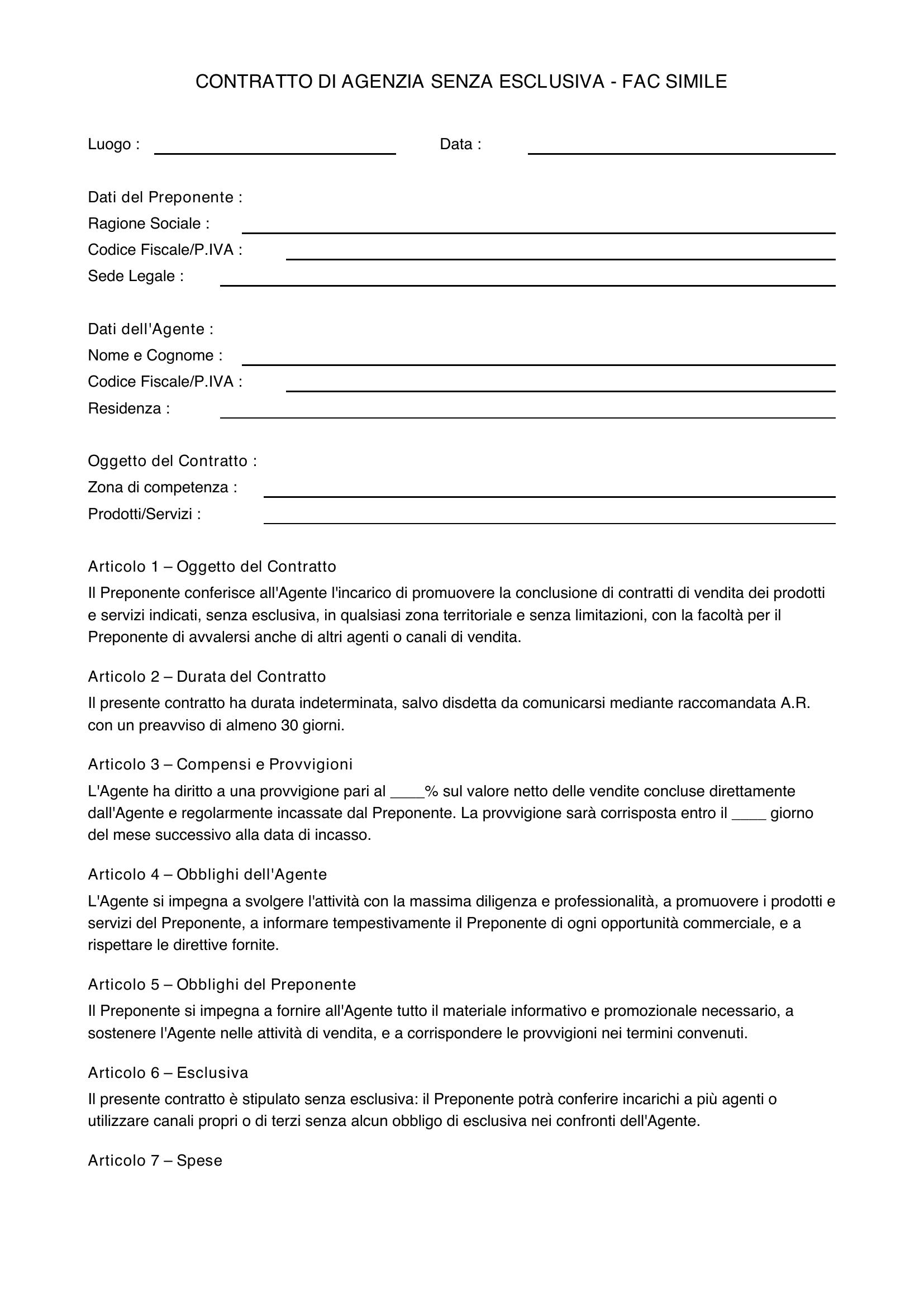 Contratto Di Agenzia Senza Esclusiva Fac Simile