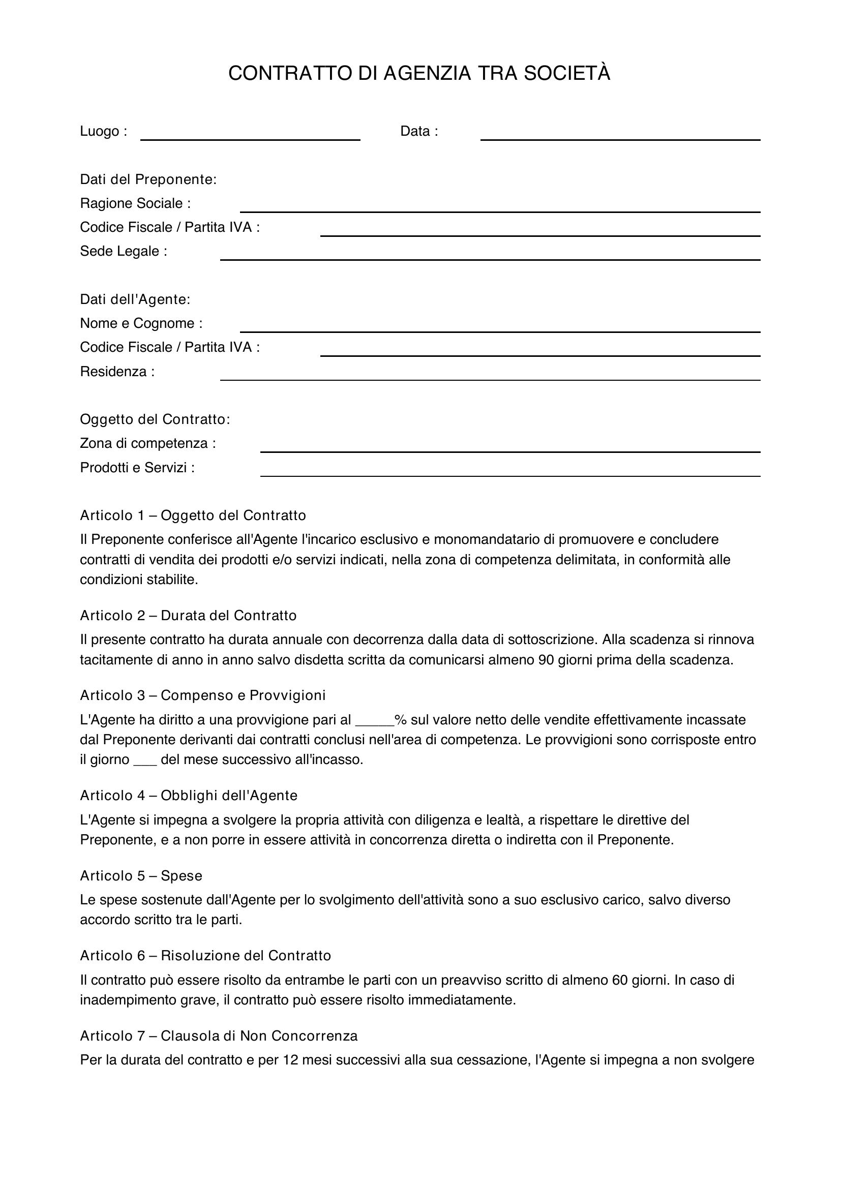 Contratto Di Agenzia Tra Società Fac Simile