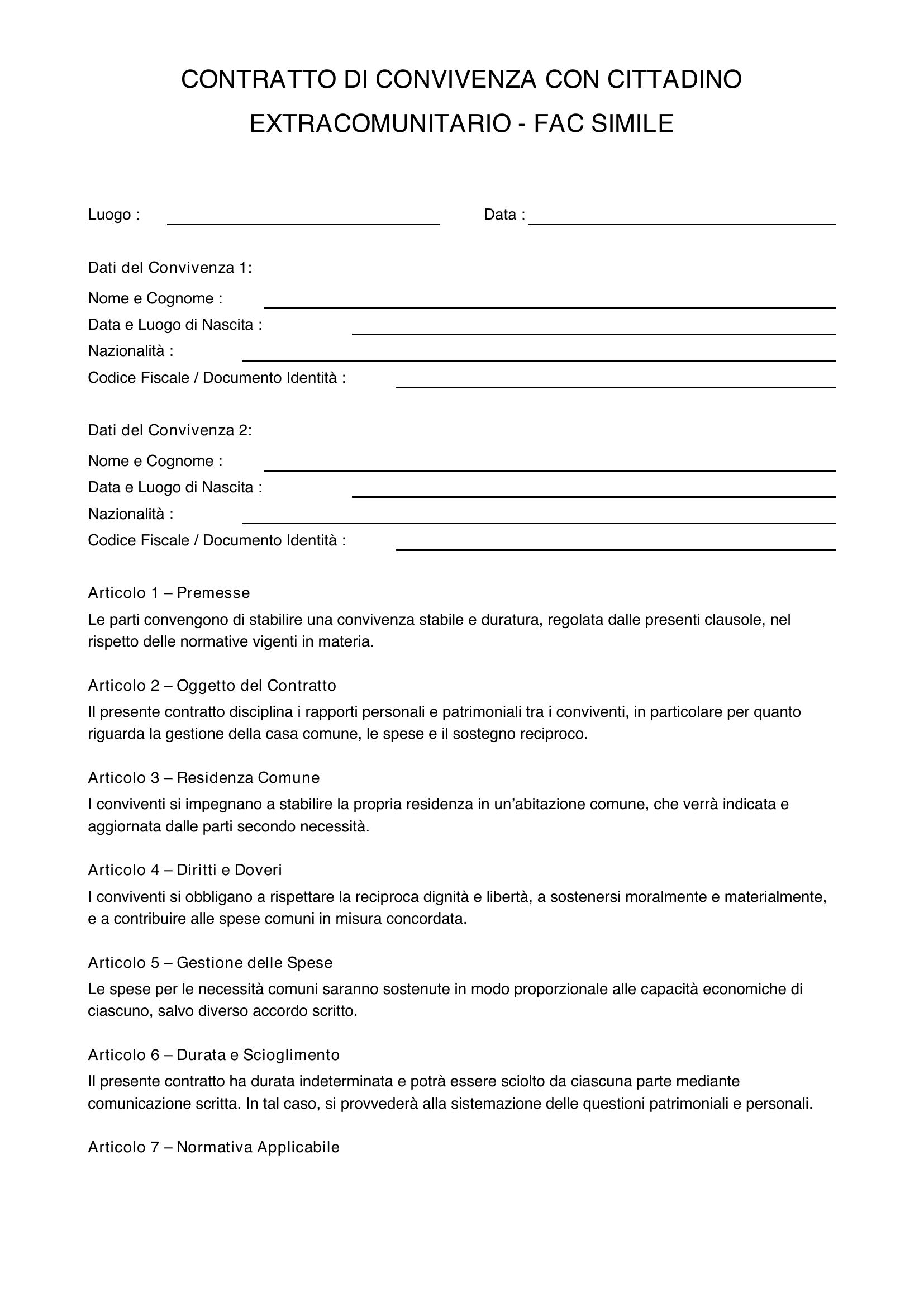 Contratto Di Convivenza Con Cittadino Extracomunitario Fac Simile