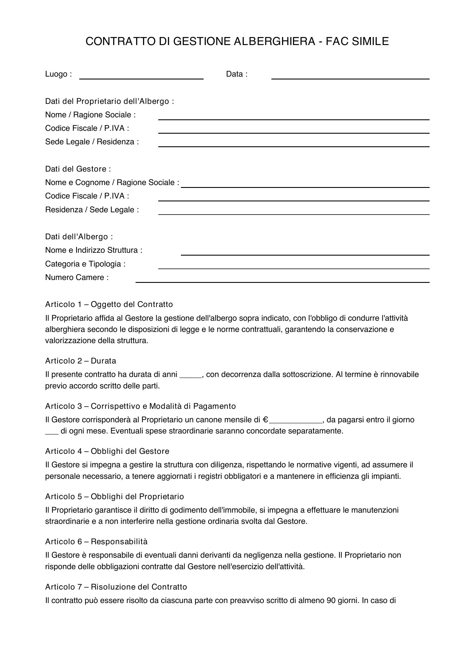Contratto Di Gestione Alberghiera Fac Simile