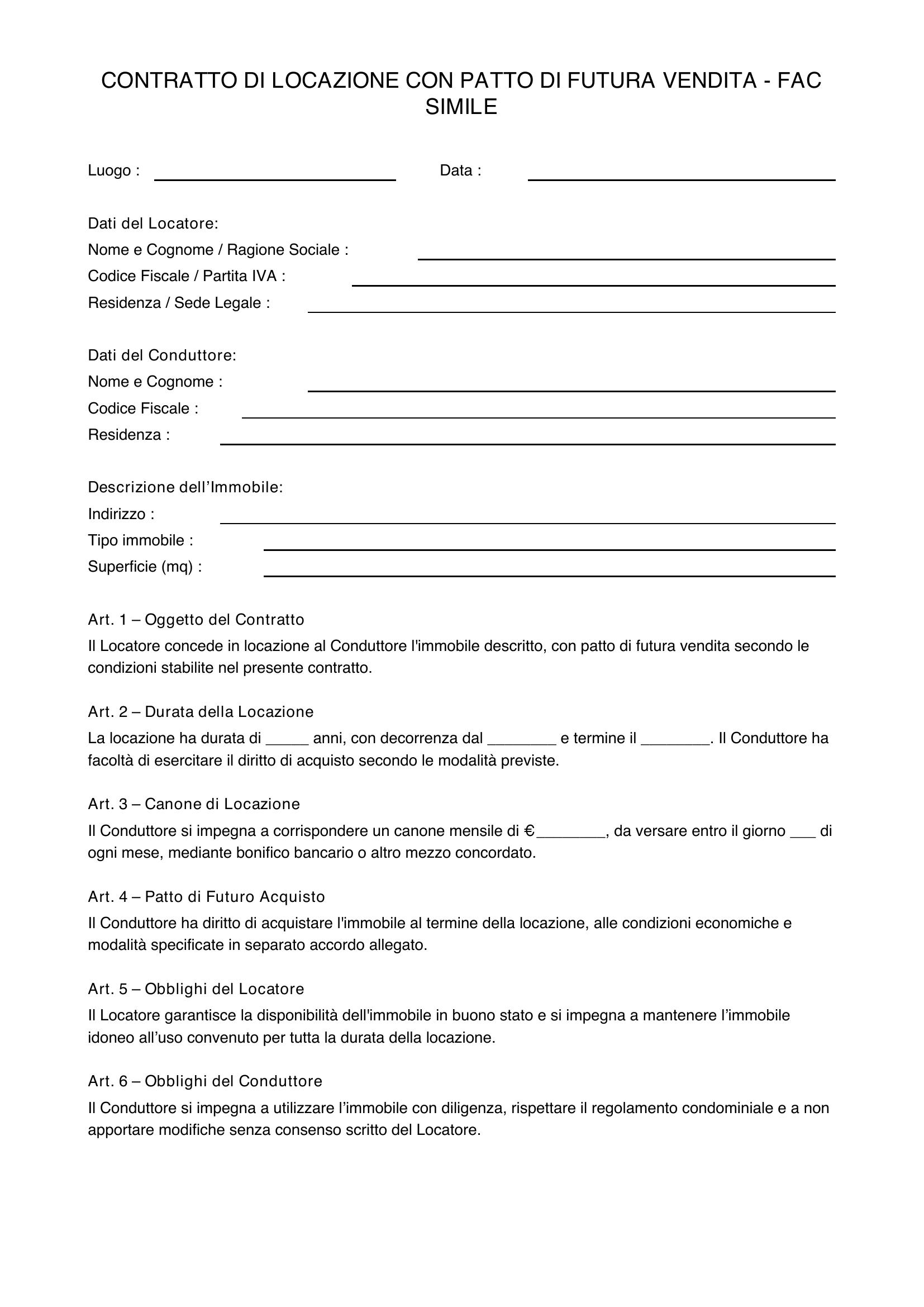 Contratto Di Locazione Con Patto Di Futura Vendita Fac Simile