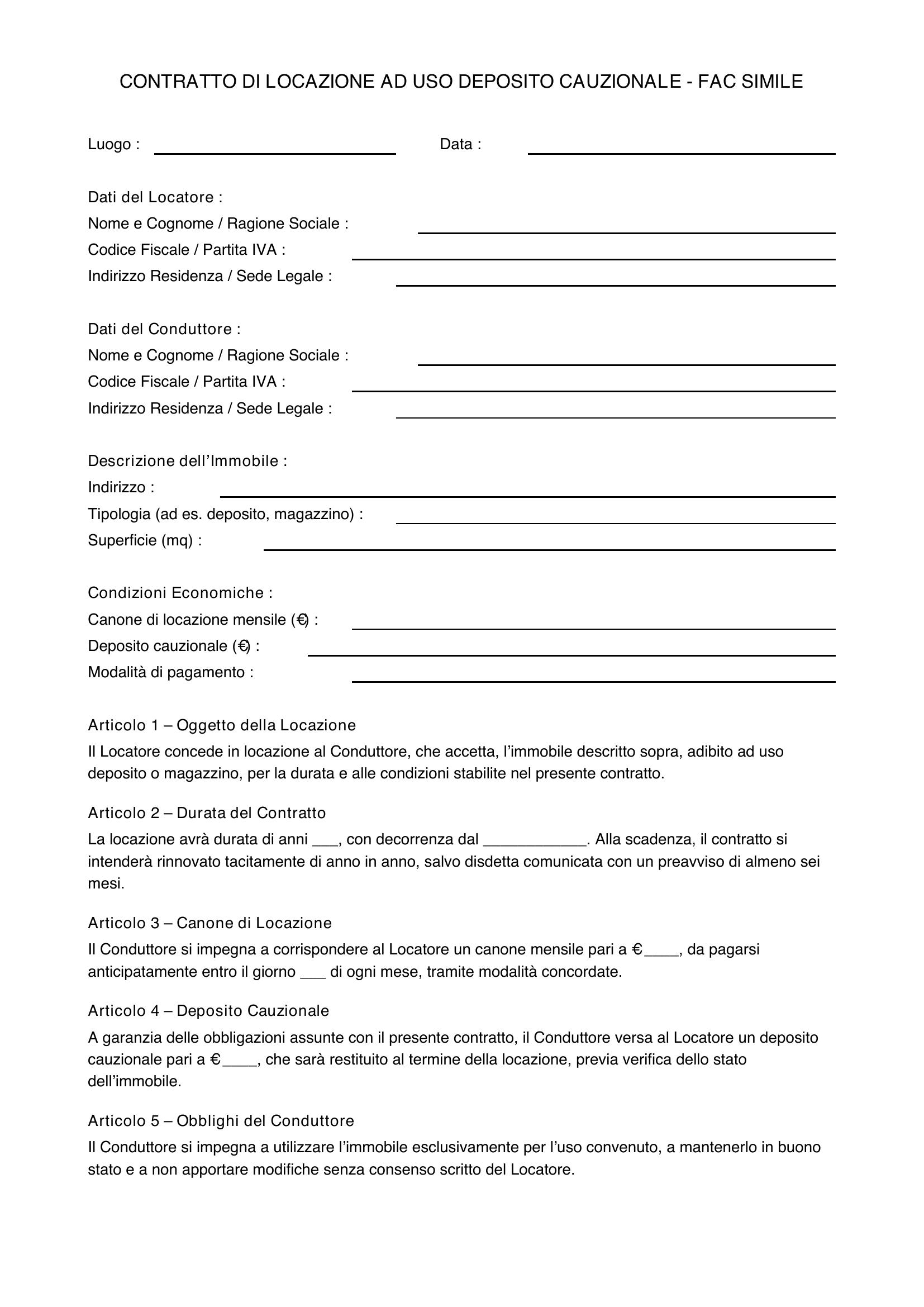 Contratto Di Locazione Deposito Cauzionale Fac Simile