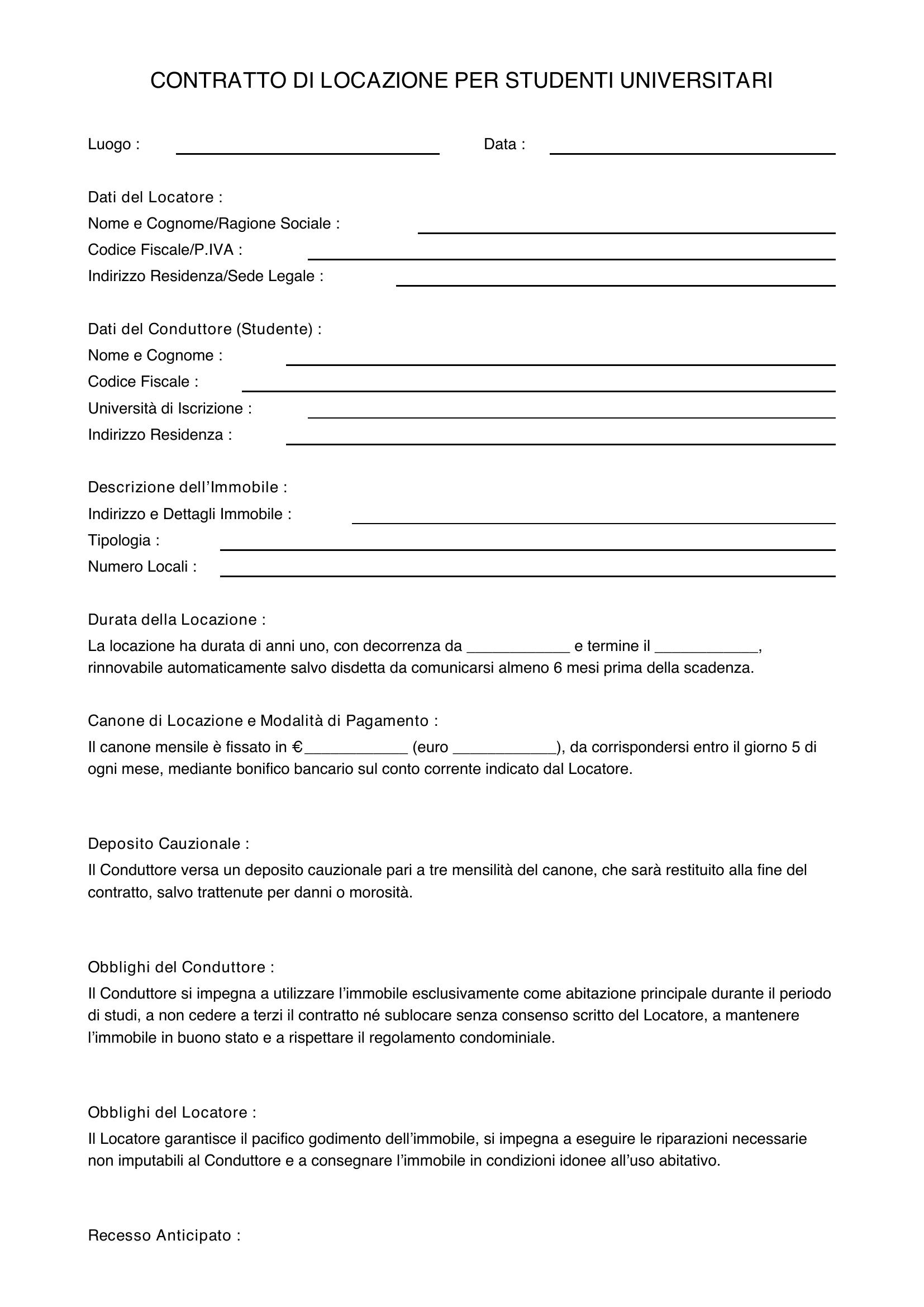 Contratto Di Locazione Studenti Modello