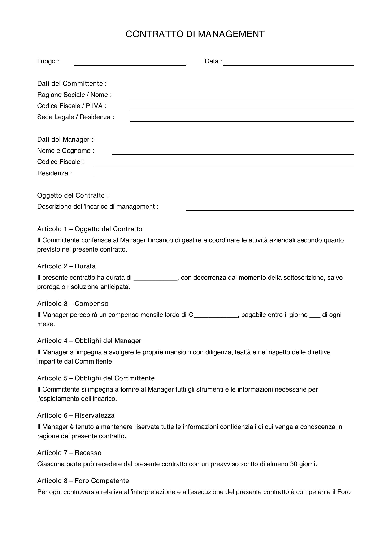 Contratto Di Management Fac Simile