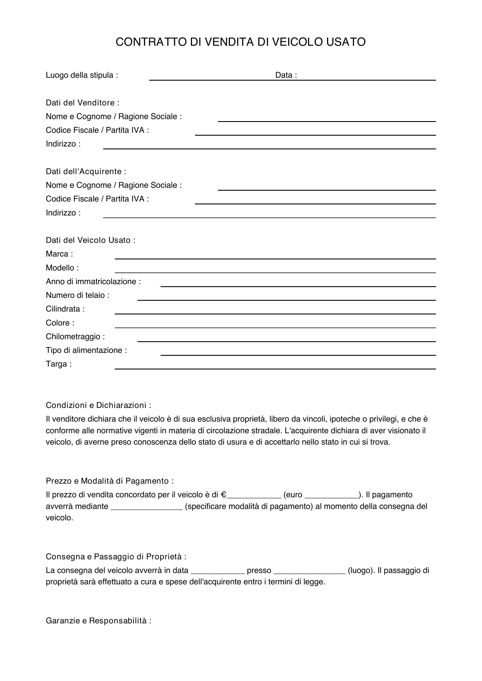 Contratto Di Vendita Di Un Veicolo Usato