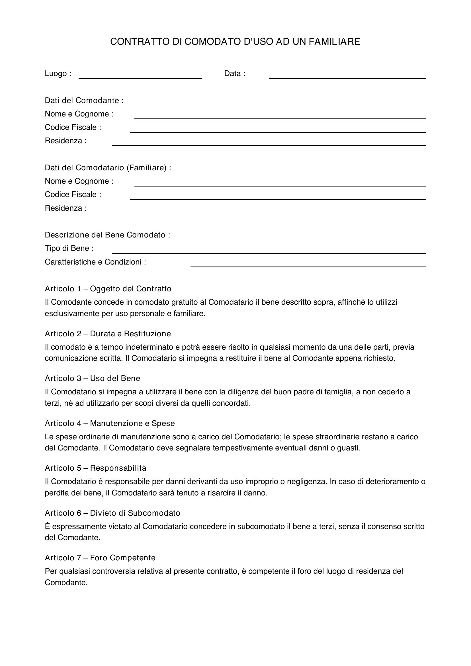 Contratto In Comodato D'Uso Ad Un Familiare