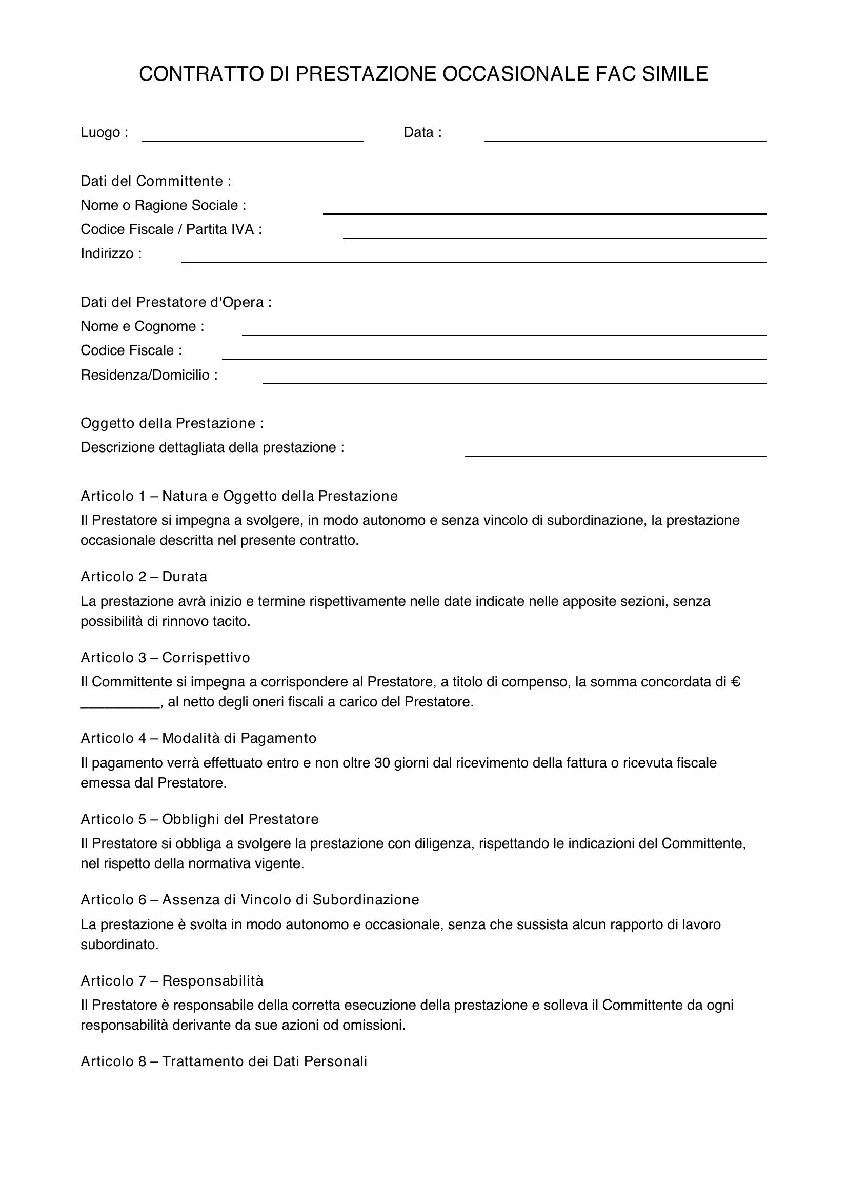 Contratto Prestazione Occasionale Fac Simile