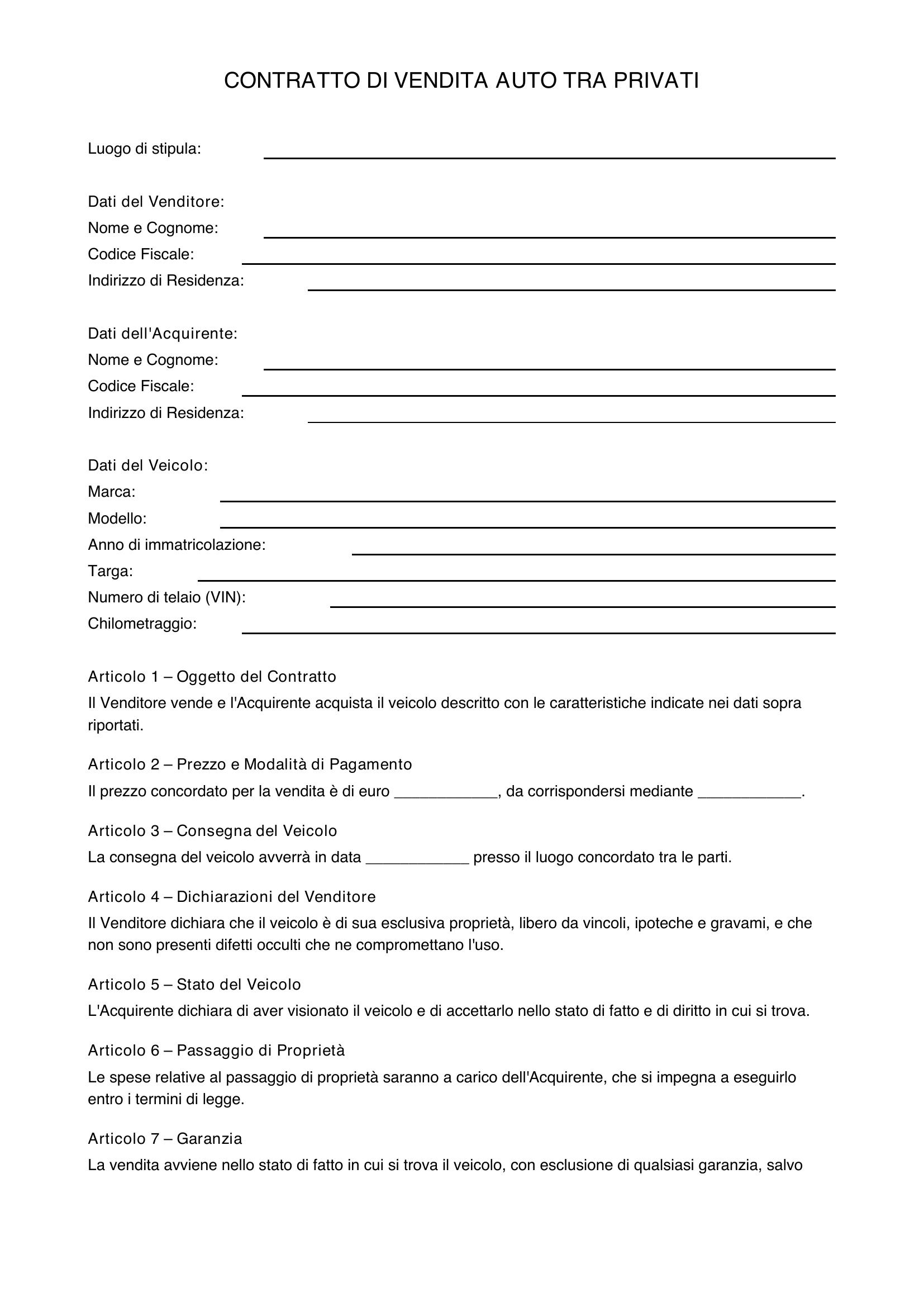 Contratto Vendita Auto Tra Privati