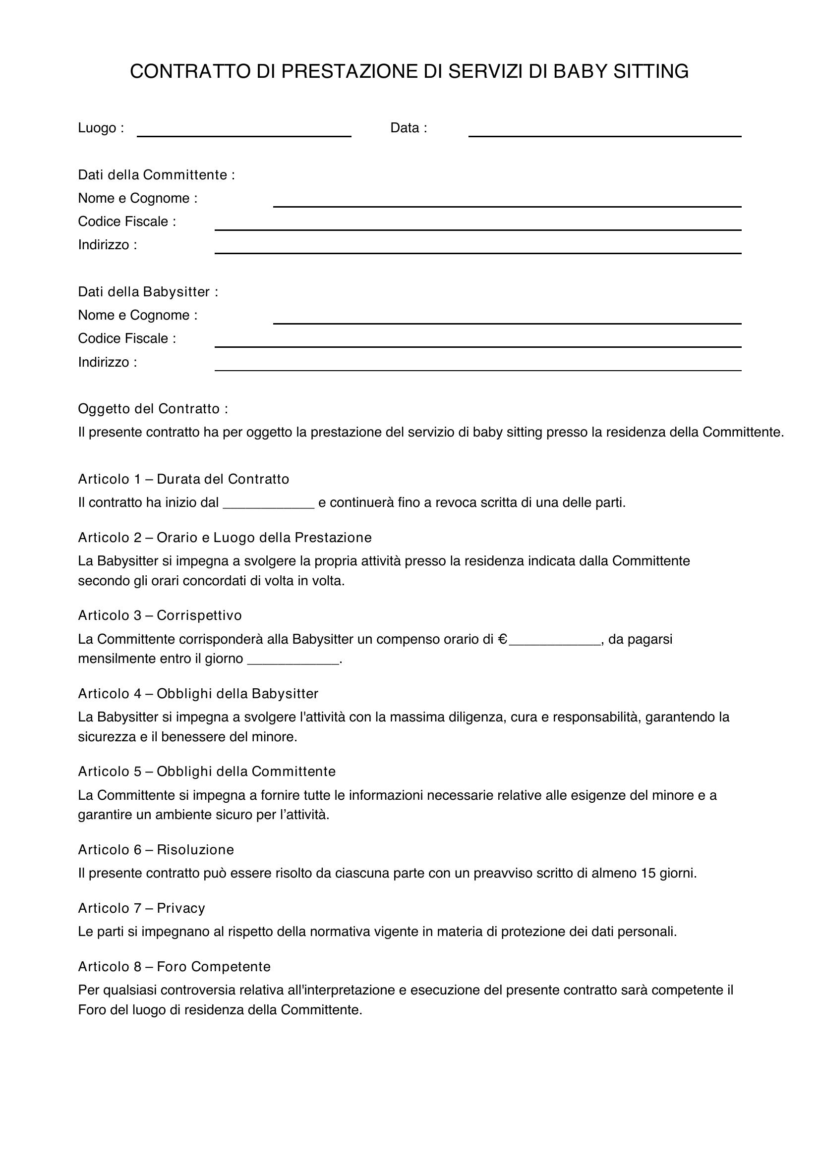 Esempio Contratto Baby Sitter