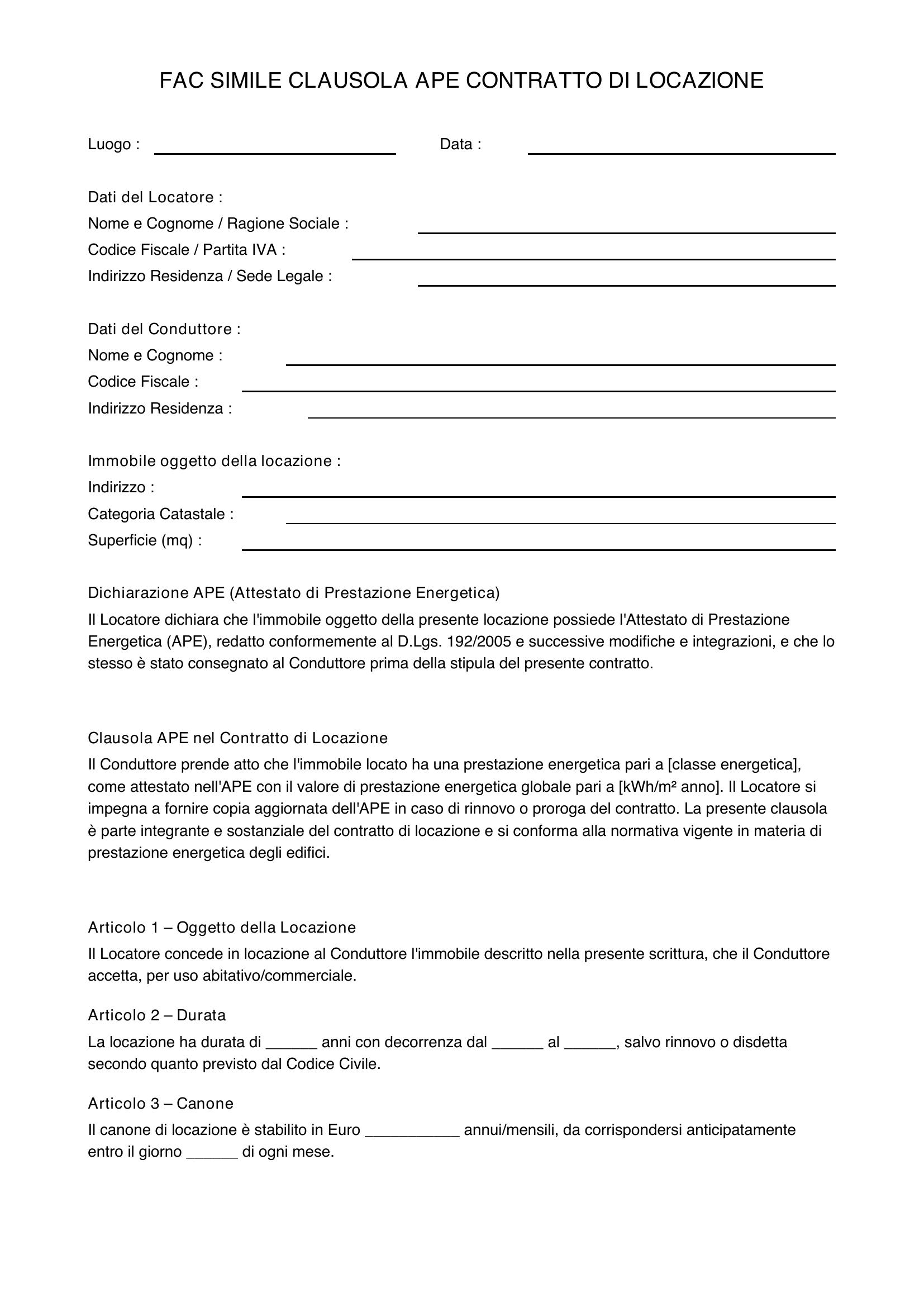 Fac Simile Clausola Ape Contratto Locazione