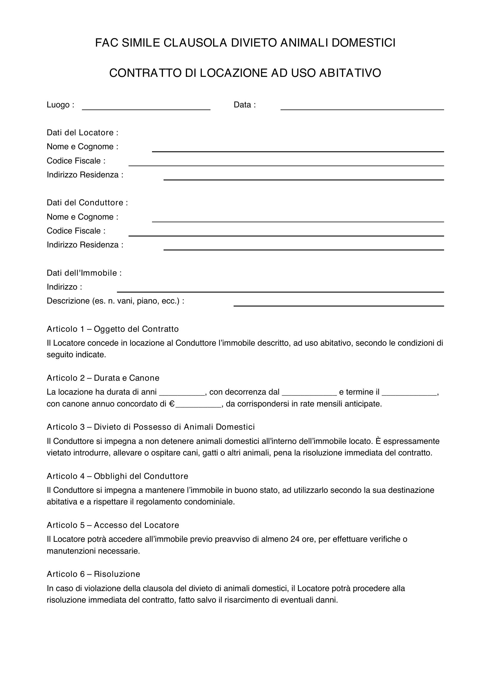 Fac Simile Clausola Divieto Animali Domestici Contratto Di Locazione