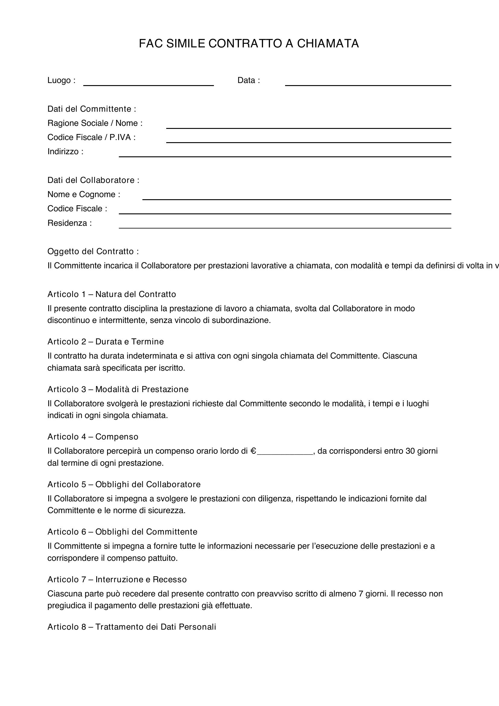 Fac Simile Contratto A Chiamata Editabile