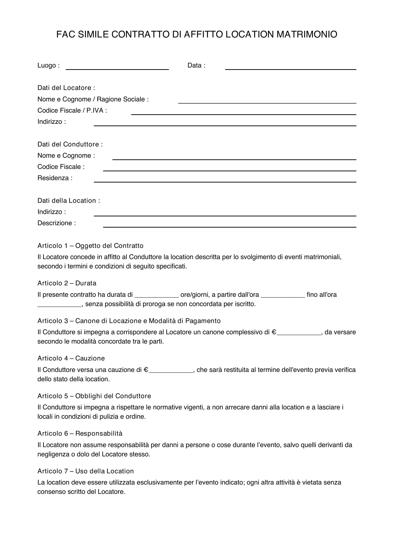 Fac Simile Contratto Affitto Location Matrimonio