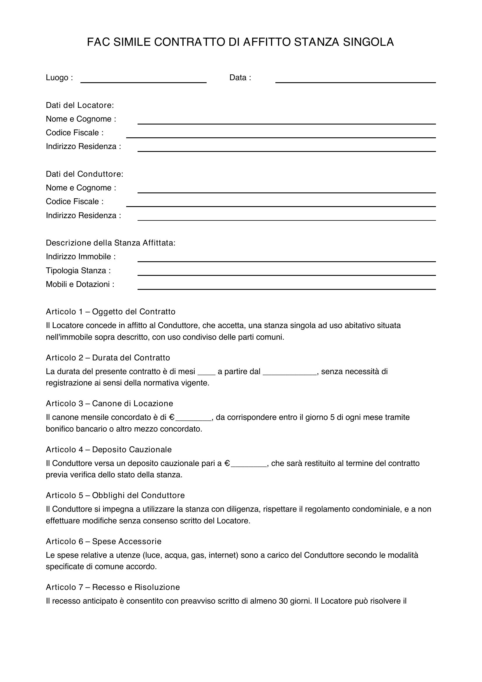 Fac Simile Contratto Affitto Stanza Singola