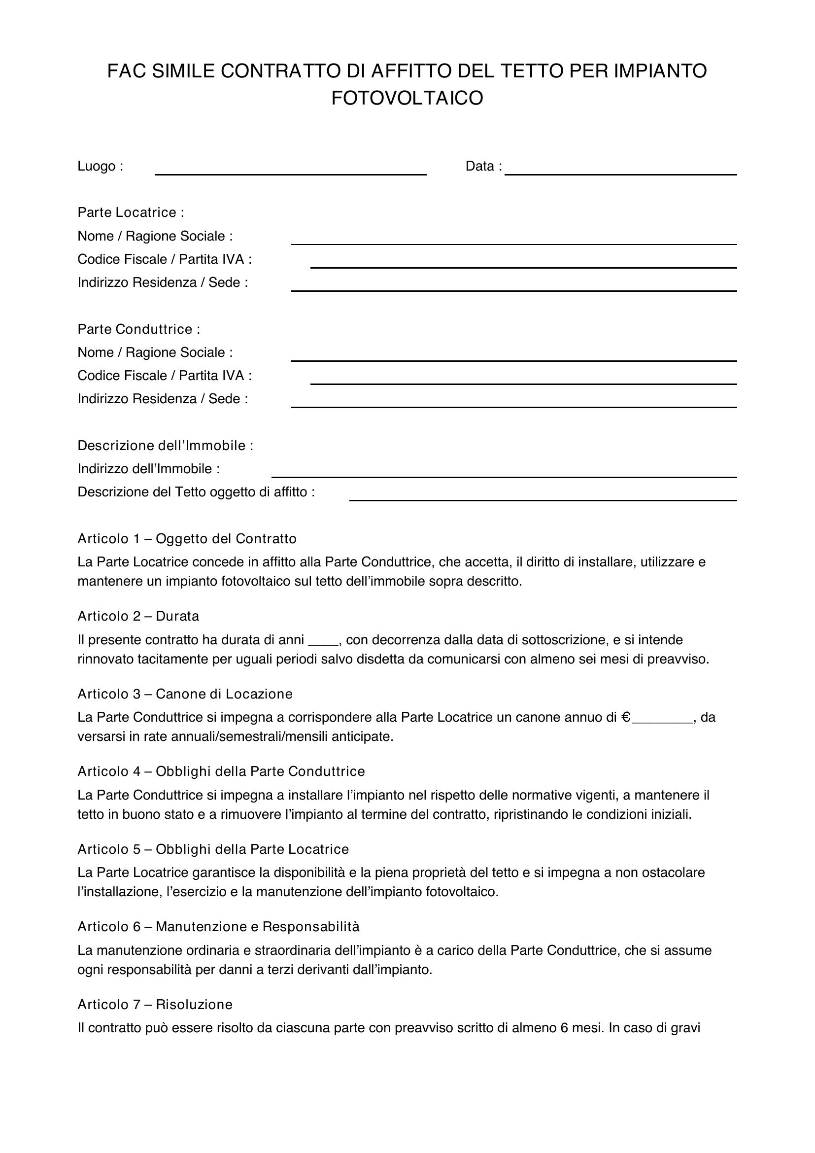Fac Simile Contratto Affitto Tetto Per Fotovoltaico