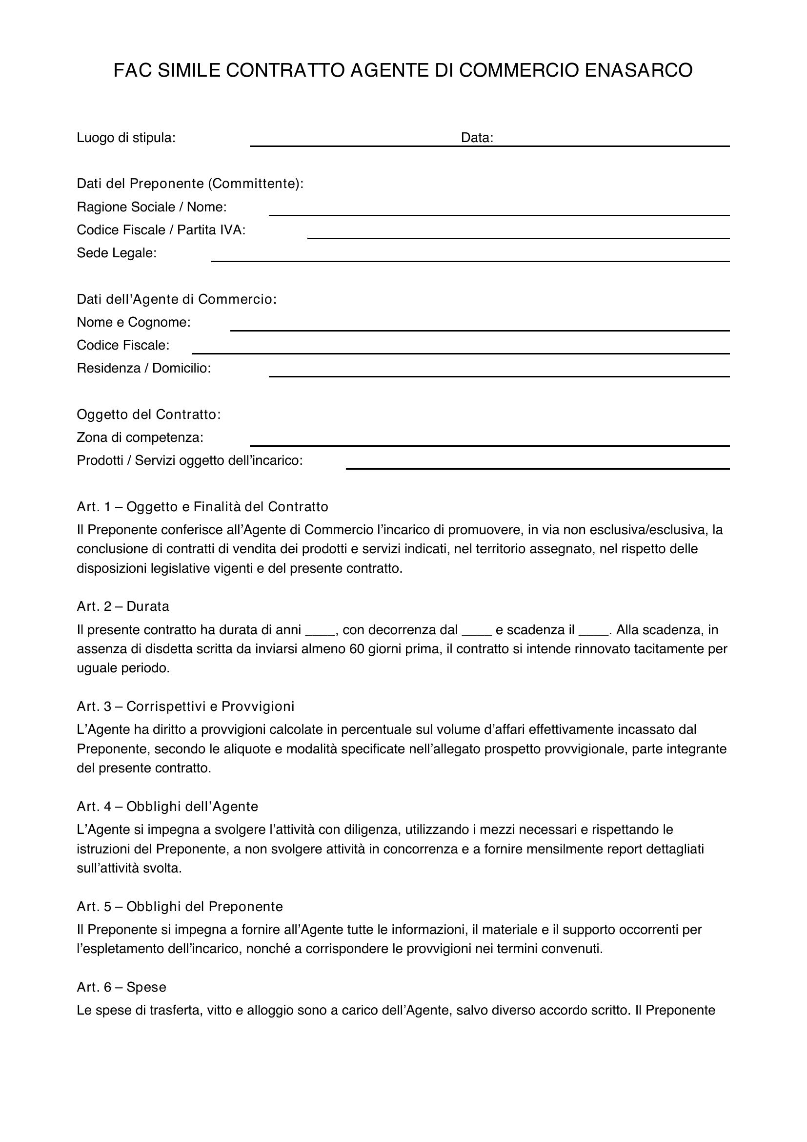 Fac Simile Contratto Agente Di Commercio Enasarco