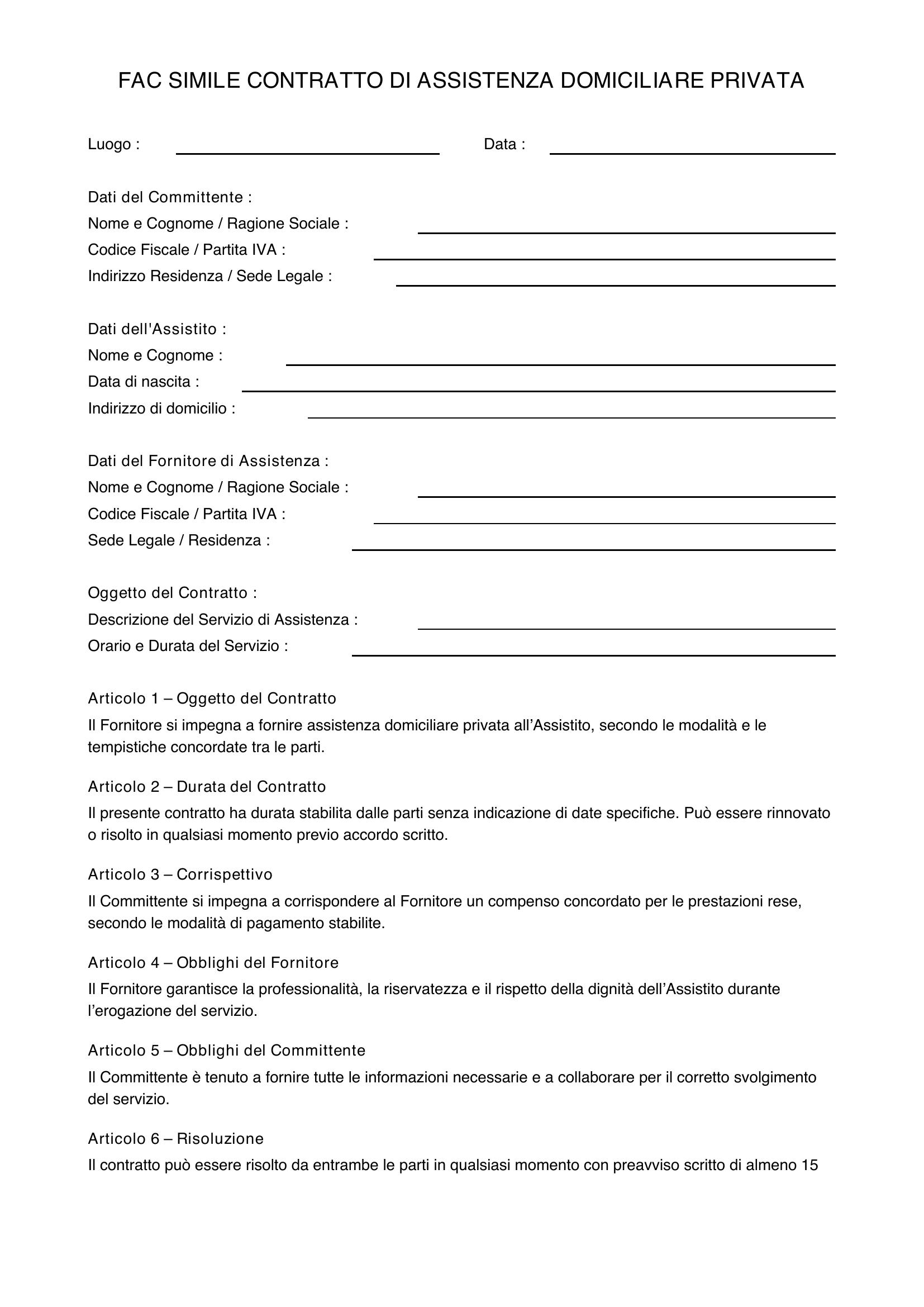 Fac Simile Contratto Assistenza Domiciliare Privata