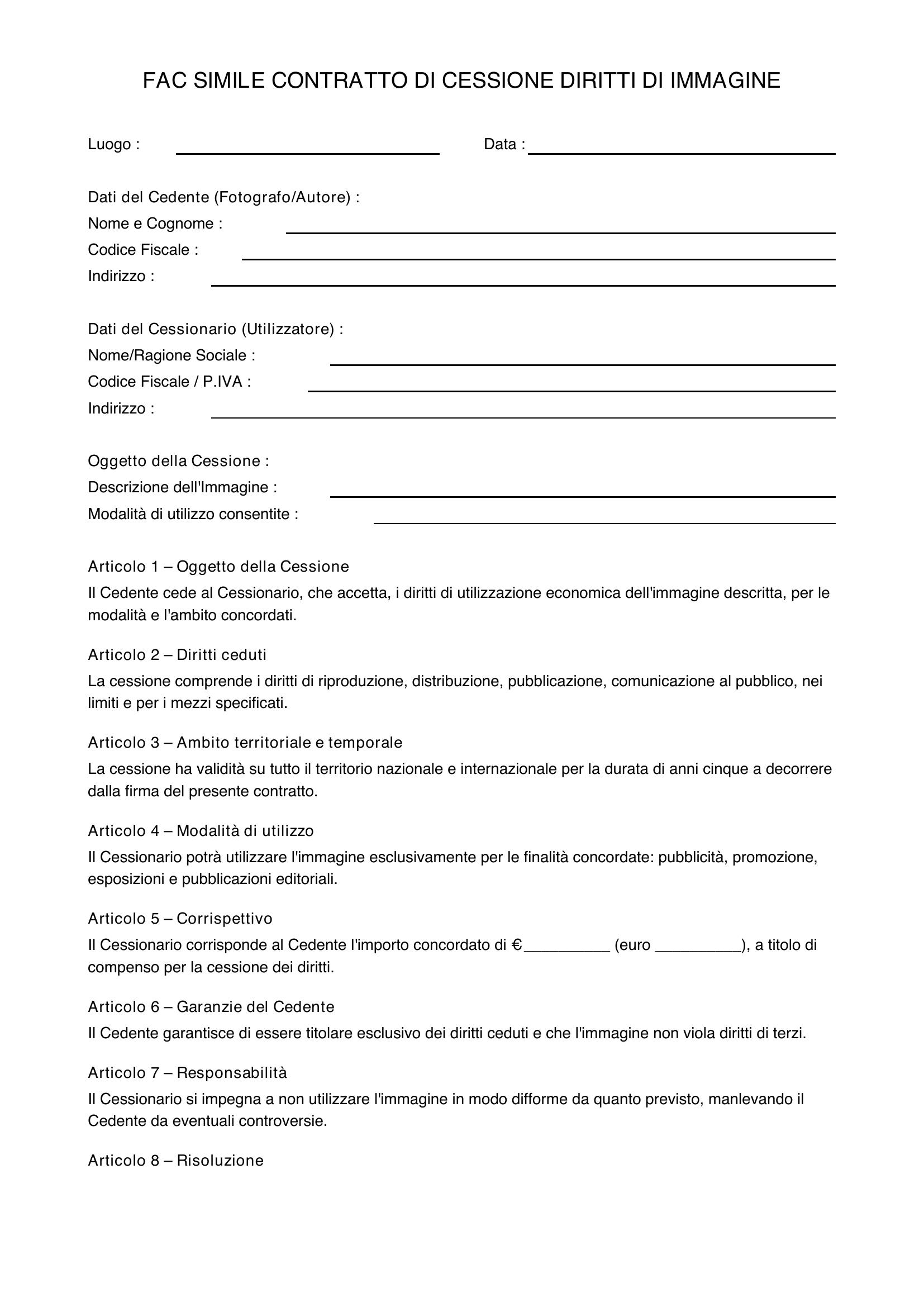 Fac Simile Contratto Cessione Diritti Di Immagine