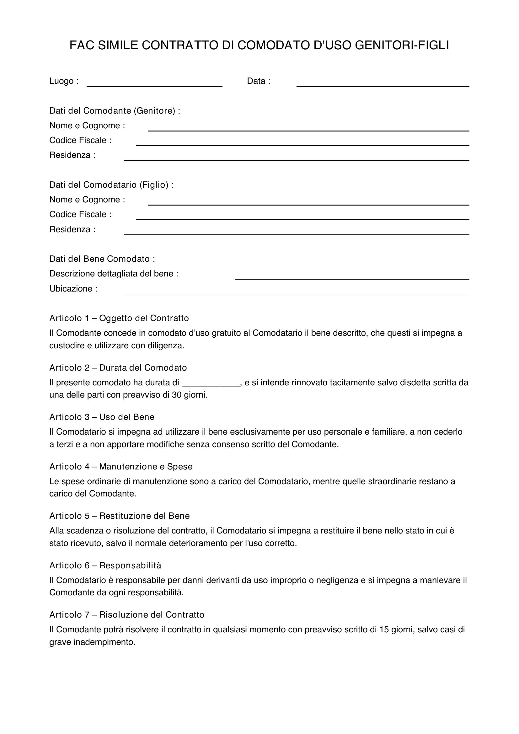 Fac Simile Contratto Comodato Uso Genitori-Figli Editabile