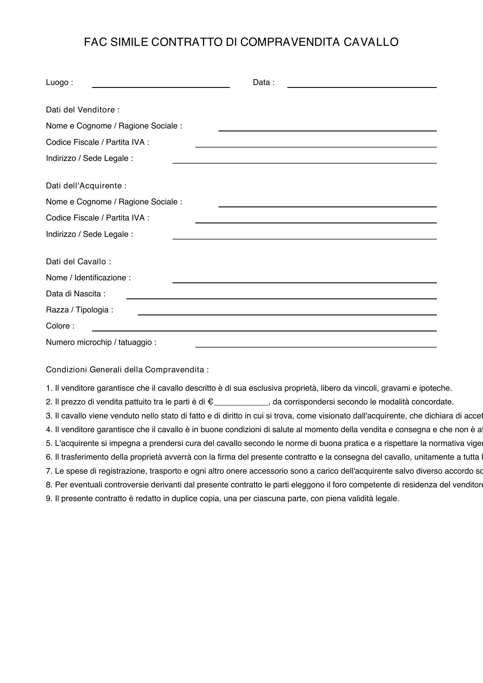 Fac Simile Contratto Compravendita Cavallo