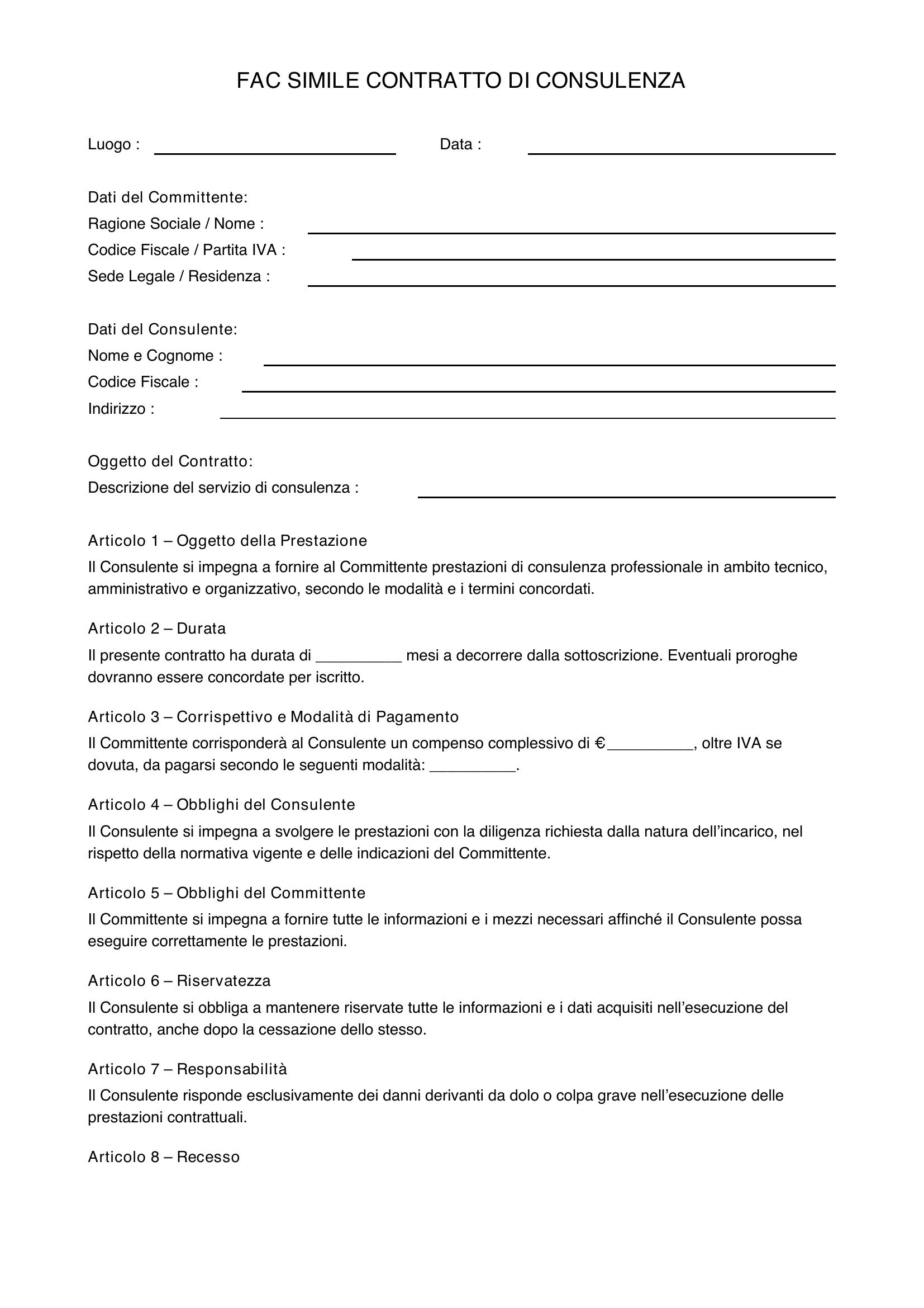 Fac Simile Contratto Consulenza