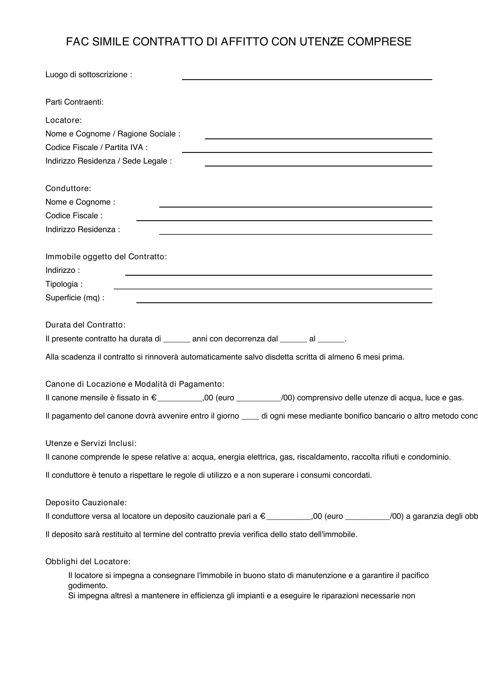 Fac Simile Contratto Di Affitto Con Utenze Comprese