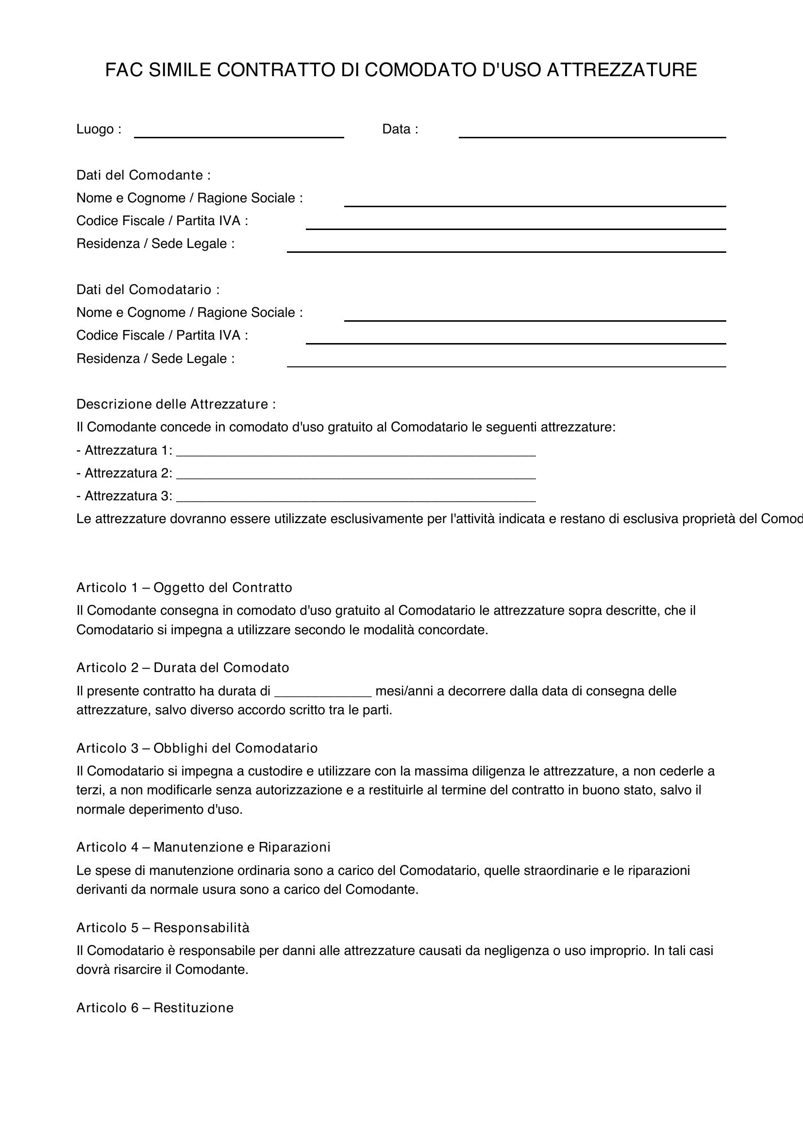Fac Simile Contratto Di Comodato D'Uso Attrezzature