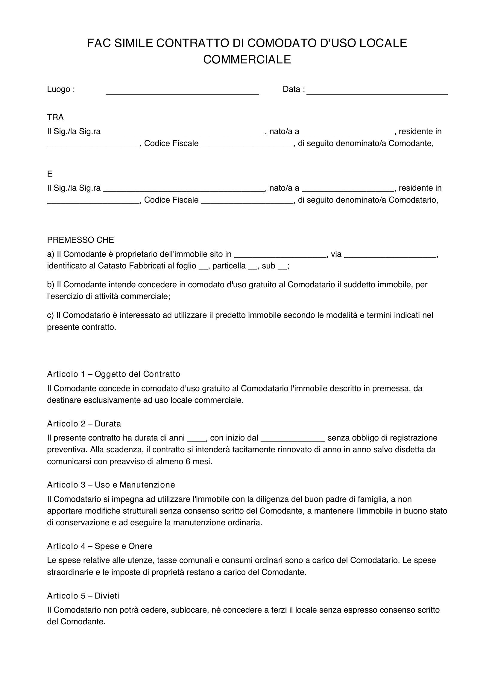 Fac Simile Contratto Di Comodato D'Uso Locale Commerciale