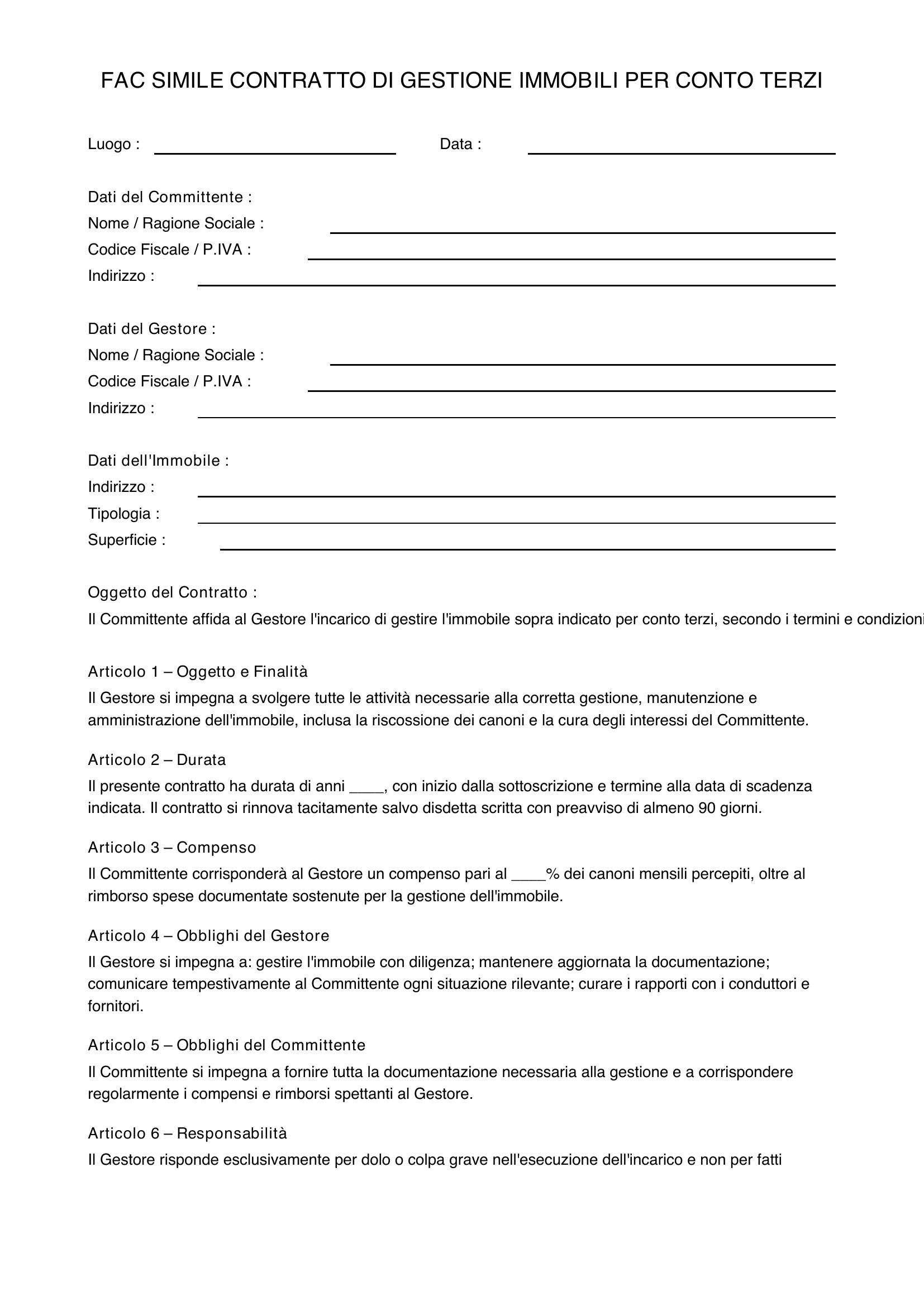 Fac Simile Contratto Di Gestione Immobili Per Conto Terzi