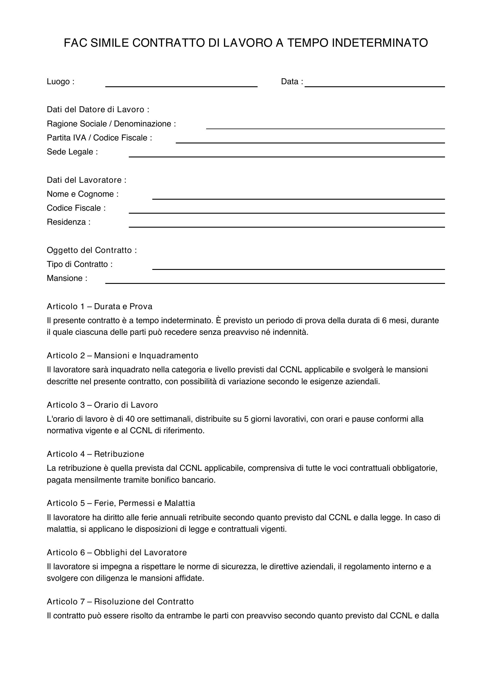 Fac Simile Contratto Di Lavoro A Tempo Indeterminato