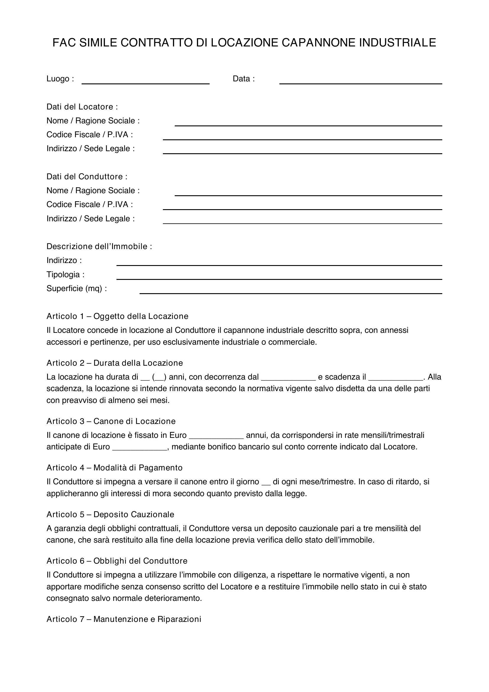 Fac Simile Contratto Di Locazione Capannone