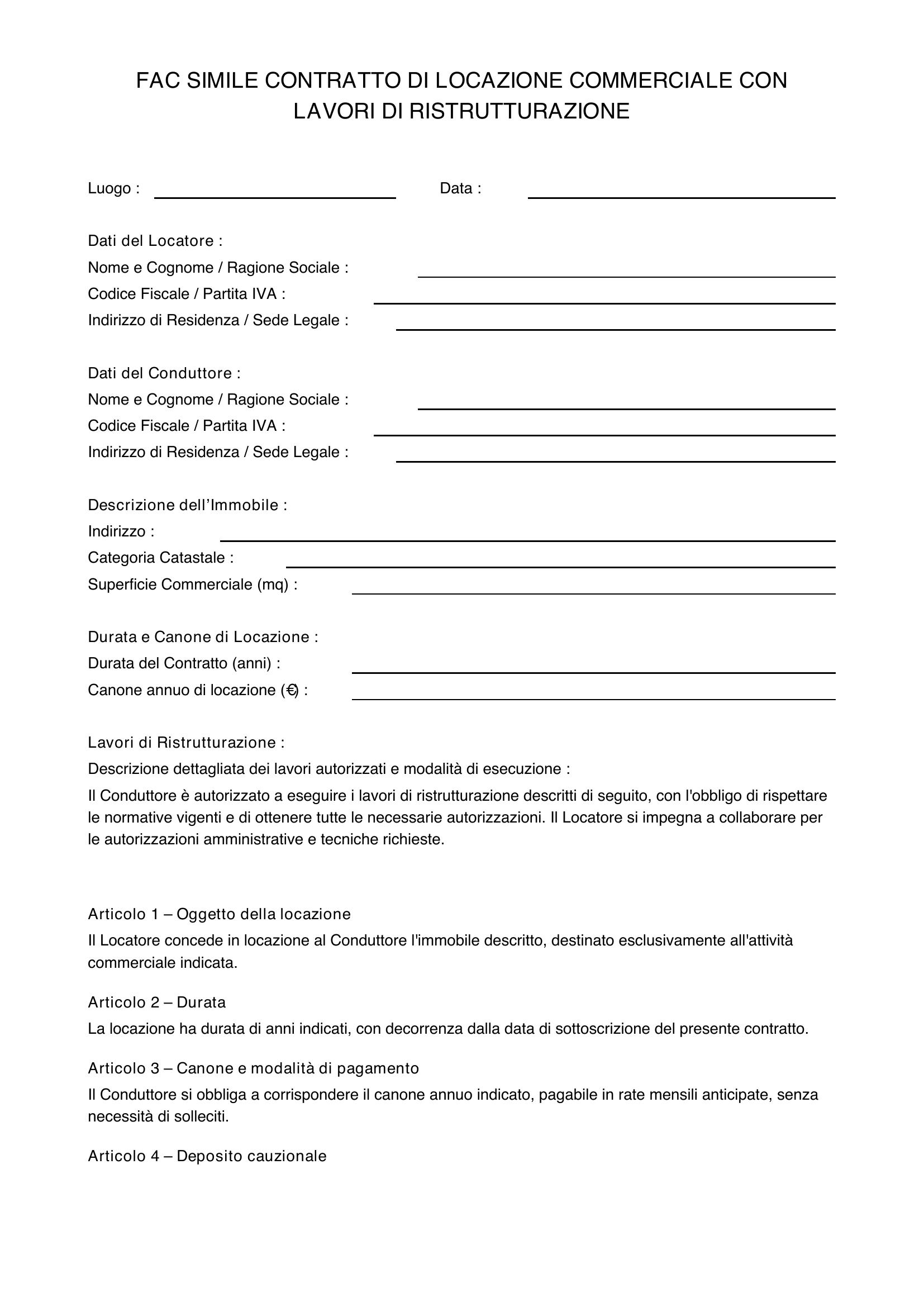 Fac Simile Contratto Di Locazione Commerciale Con Lavori Di Ristrutturazione