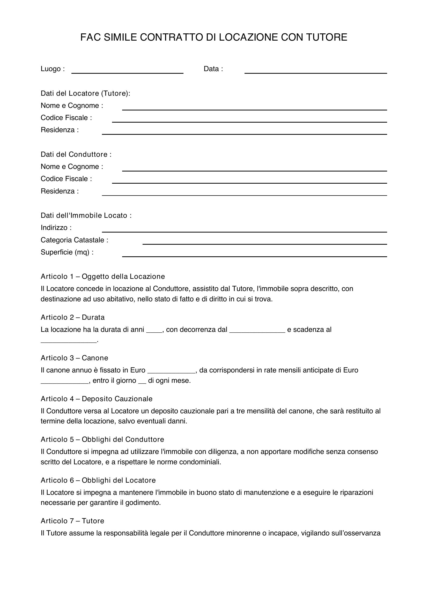 Fac Simile Contratto Di Locazione Con Tutore