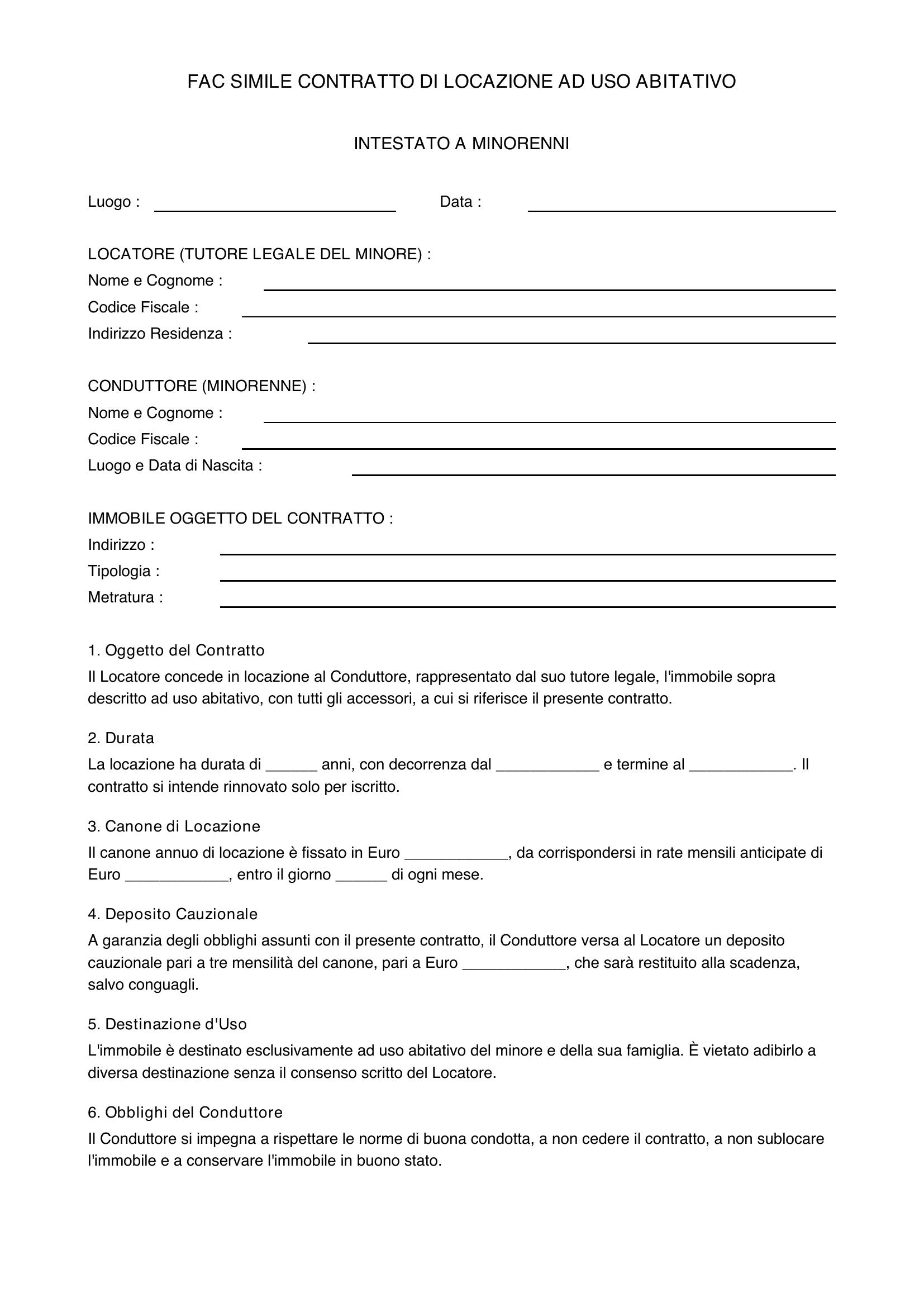 Fac Simile Contratto Di Locazione Intestato A Minorenni