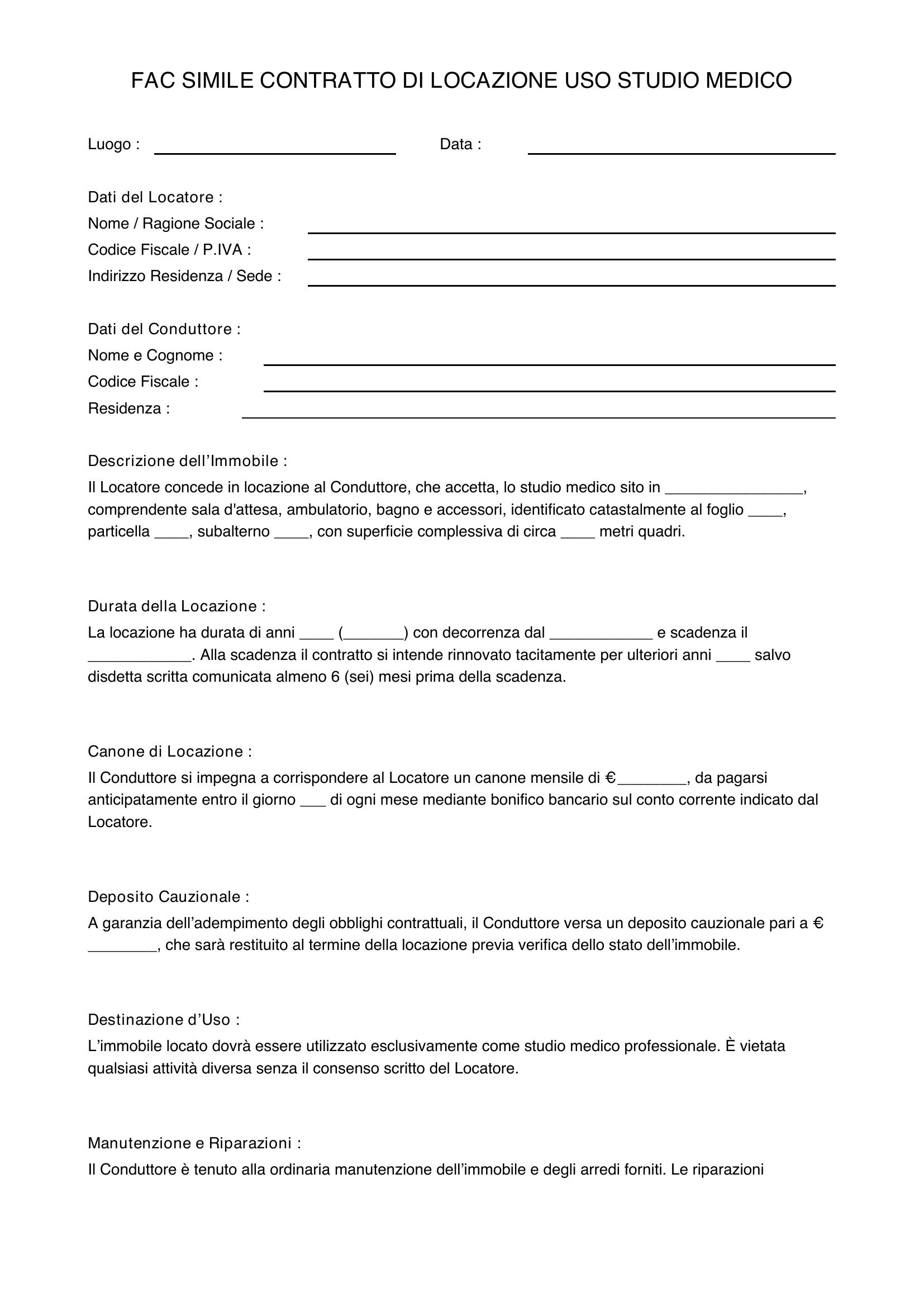 Fac Simile Contratto Di Locazione Uso Studio Medico