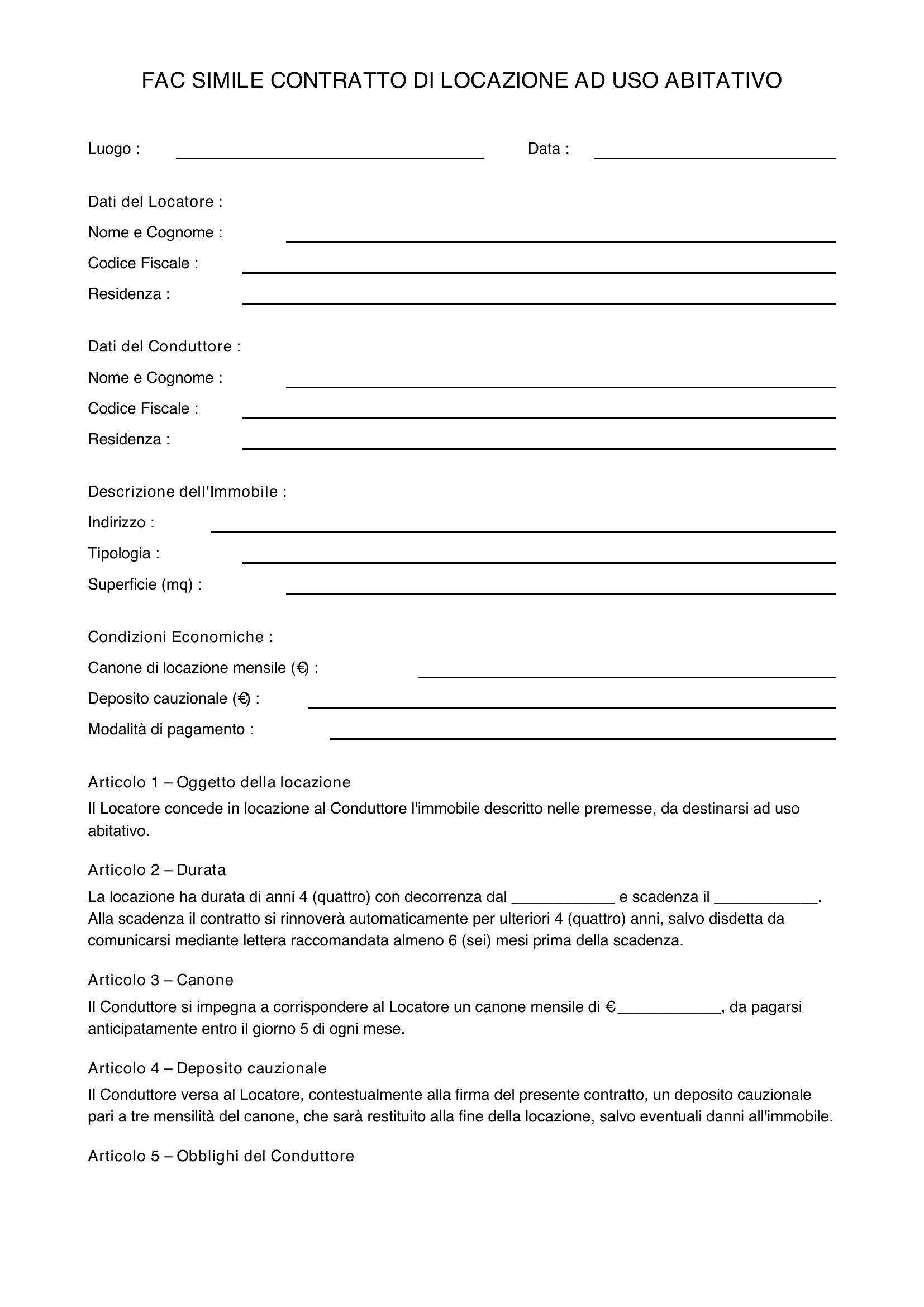 Fac Simile Contratto Di Locazione