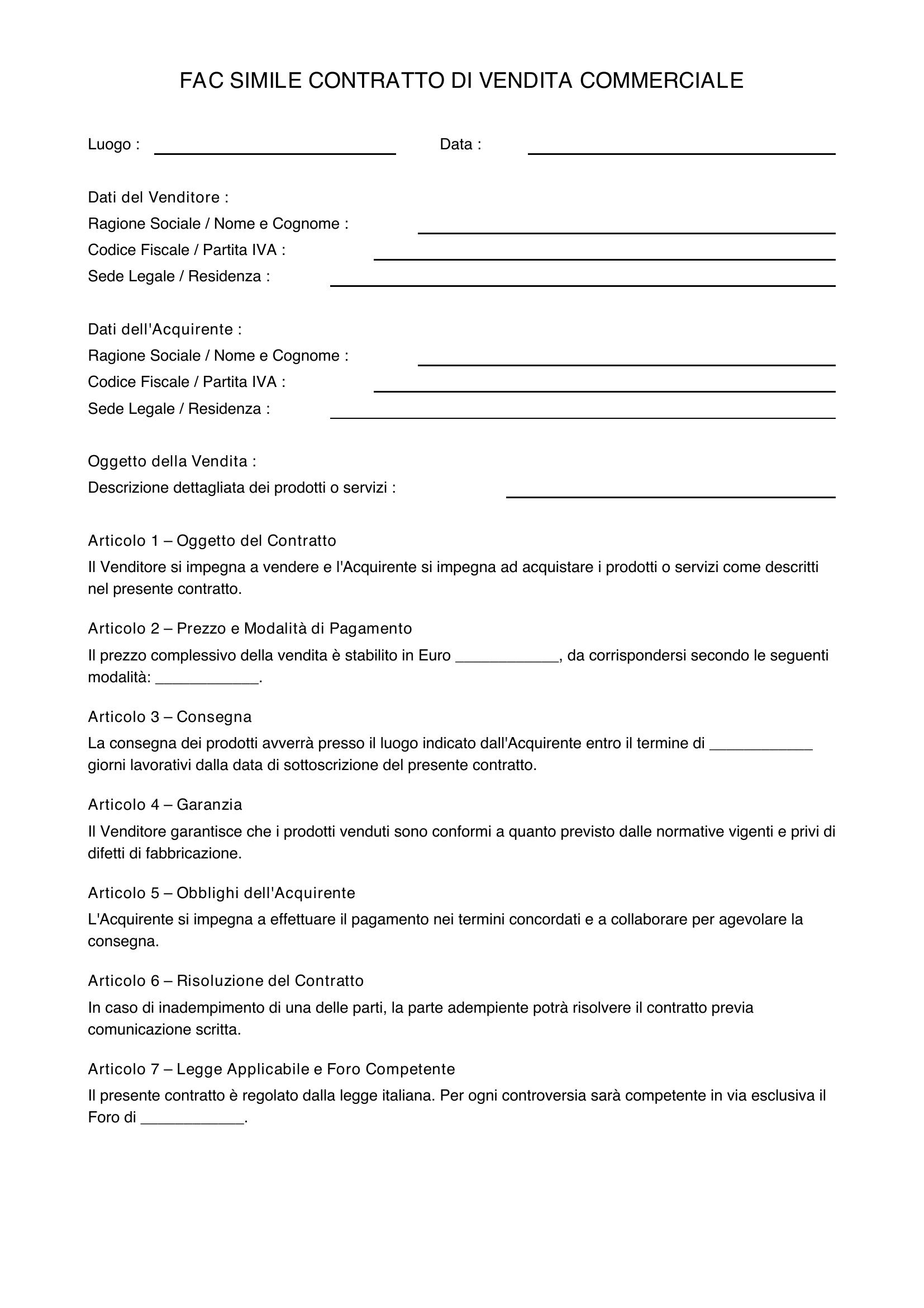 Fac Simile Contratto Di Vendita Commerciale