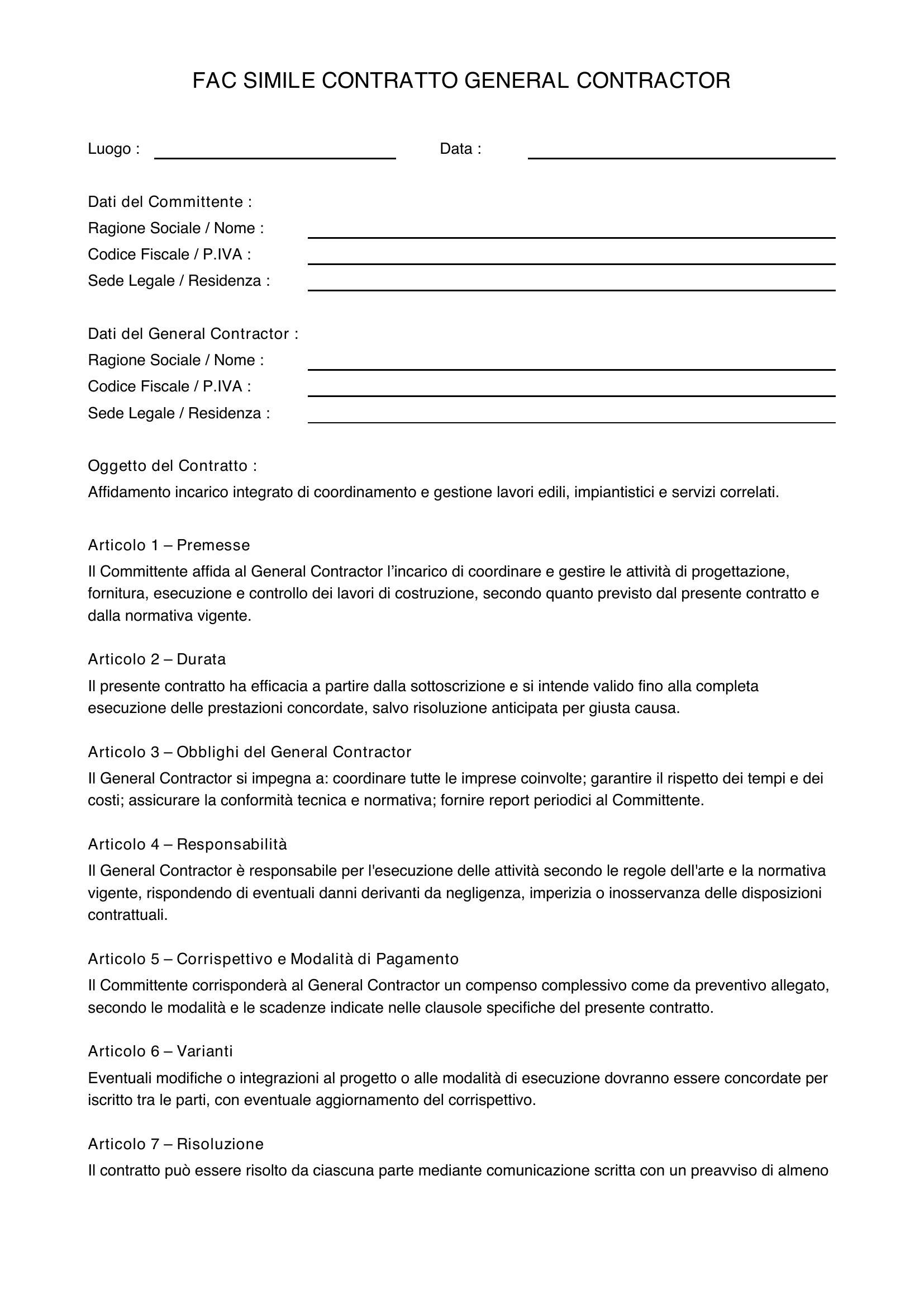 Fac Simile Contratto General Contractor