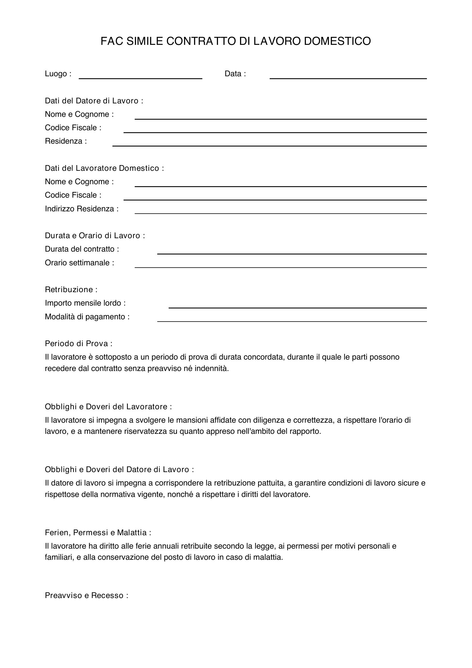 Fac Simile Contratto Lavoro Domestico