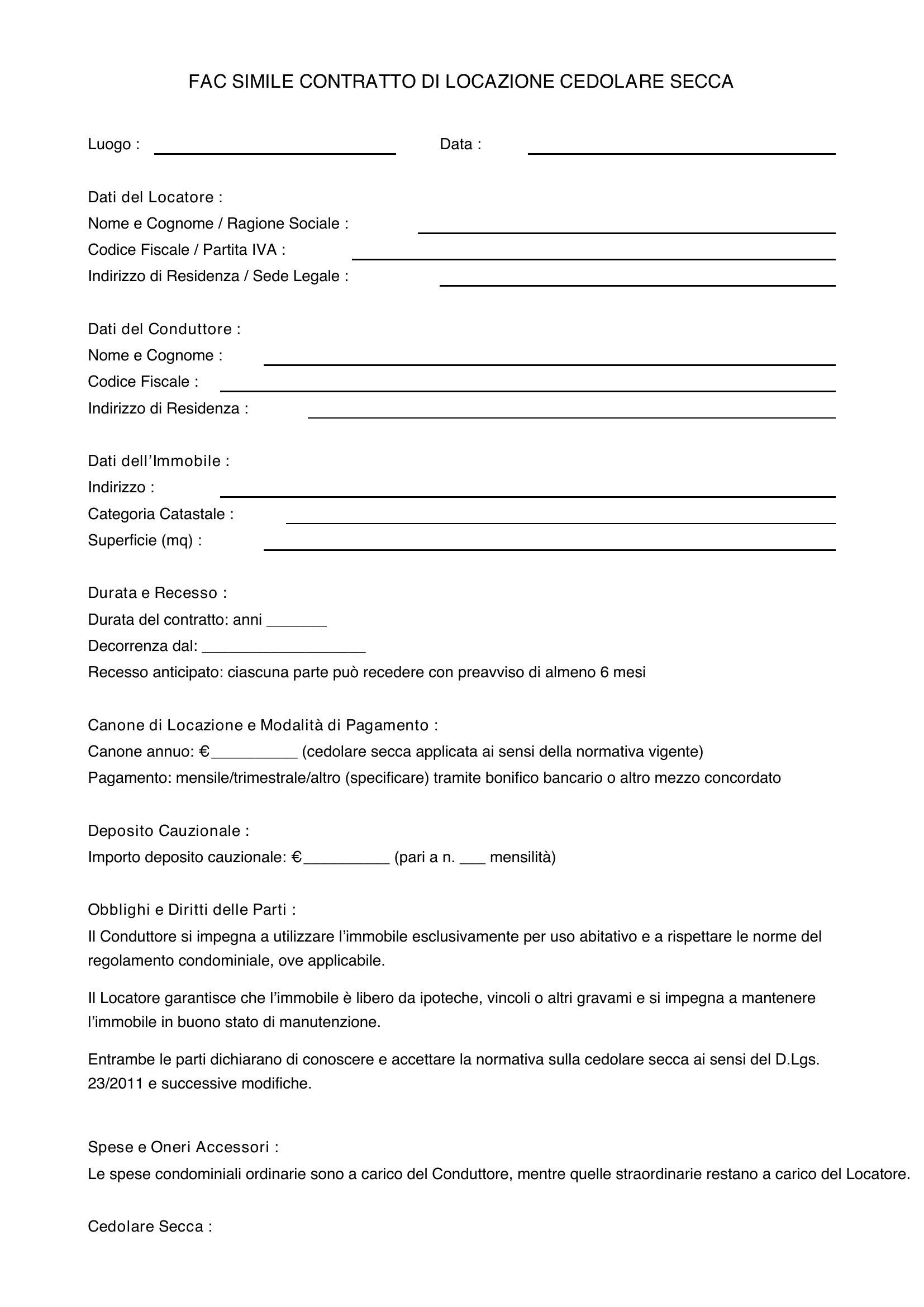 Fac Simile Contratto Locazione Cedolare Secca Agenzia Entrate