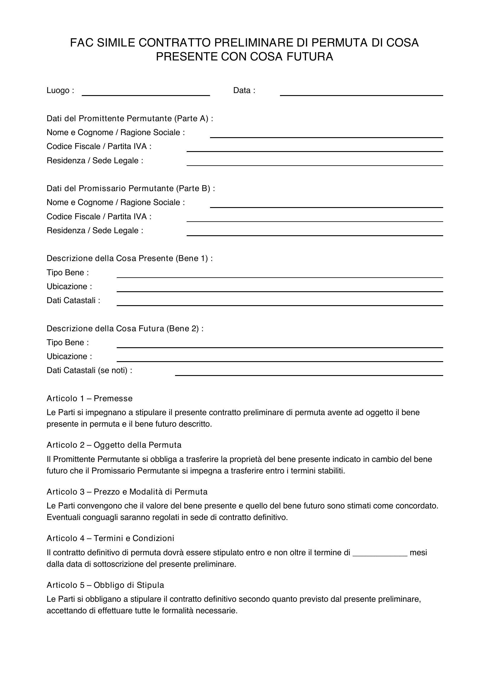 Fac Simile Contratto Preliminare Di Permuta Di Cosa Presente Con Cosa Futura