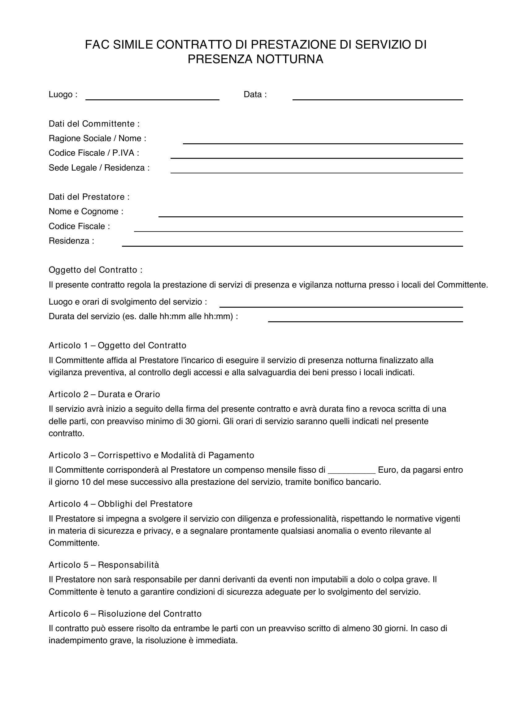 Fac Simile Contratto Presenza Notturna