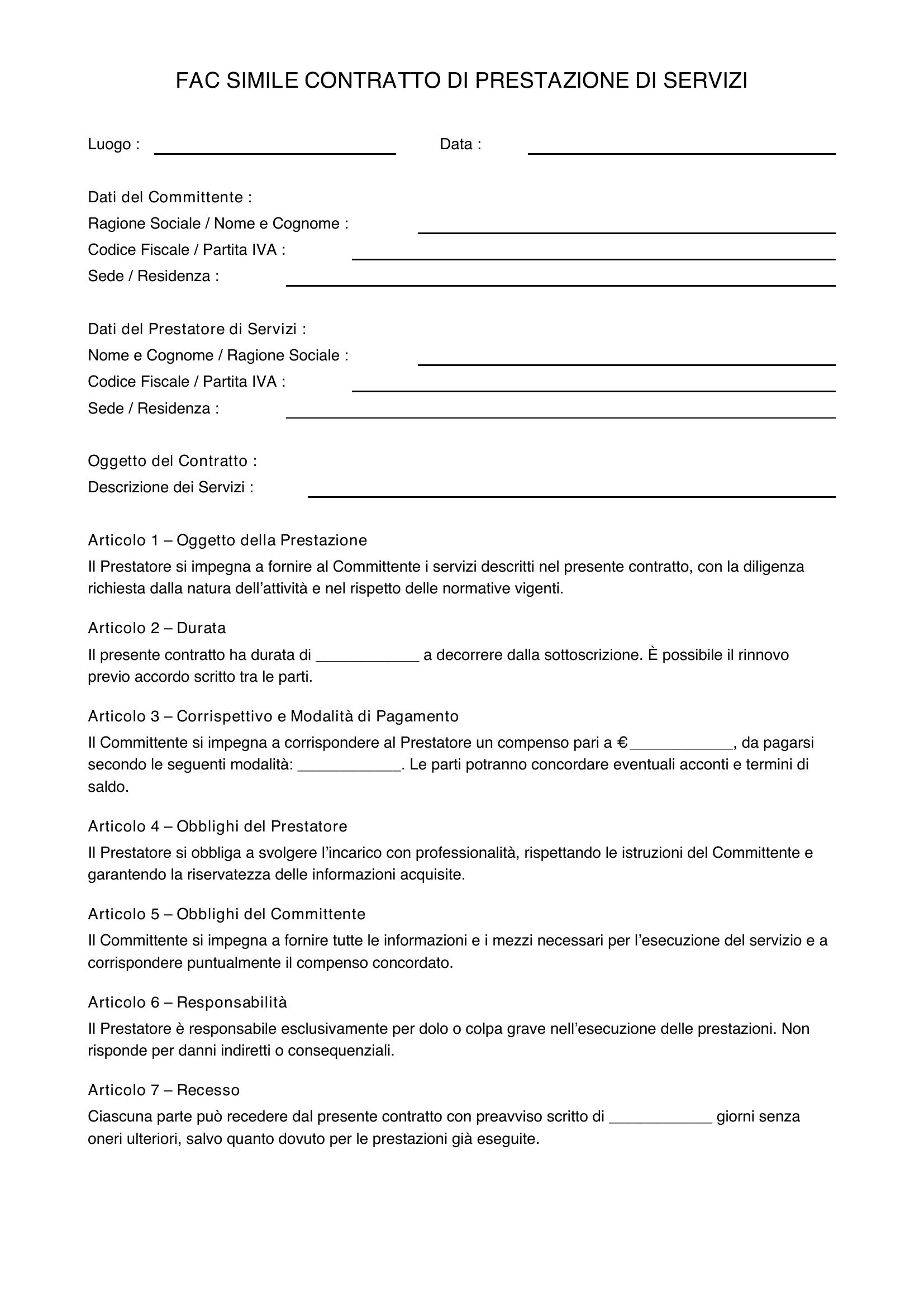 Fac Simile Contratto Prestazione Di Servizi