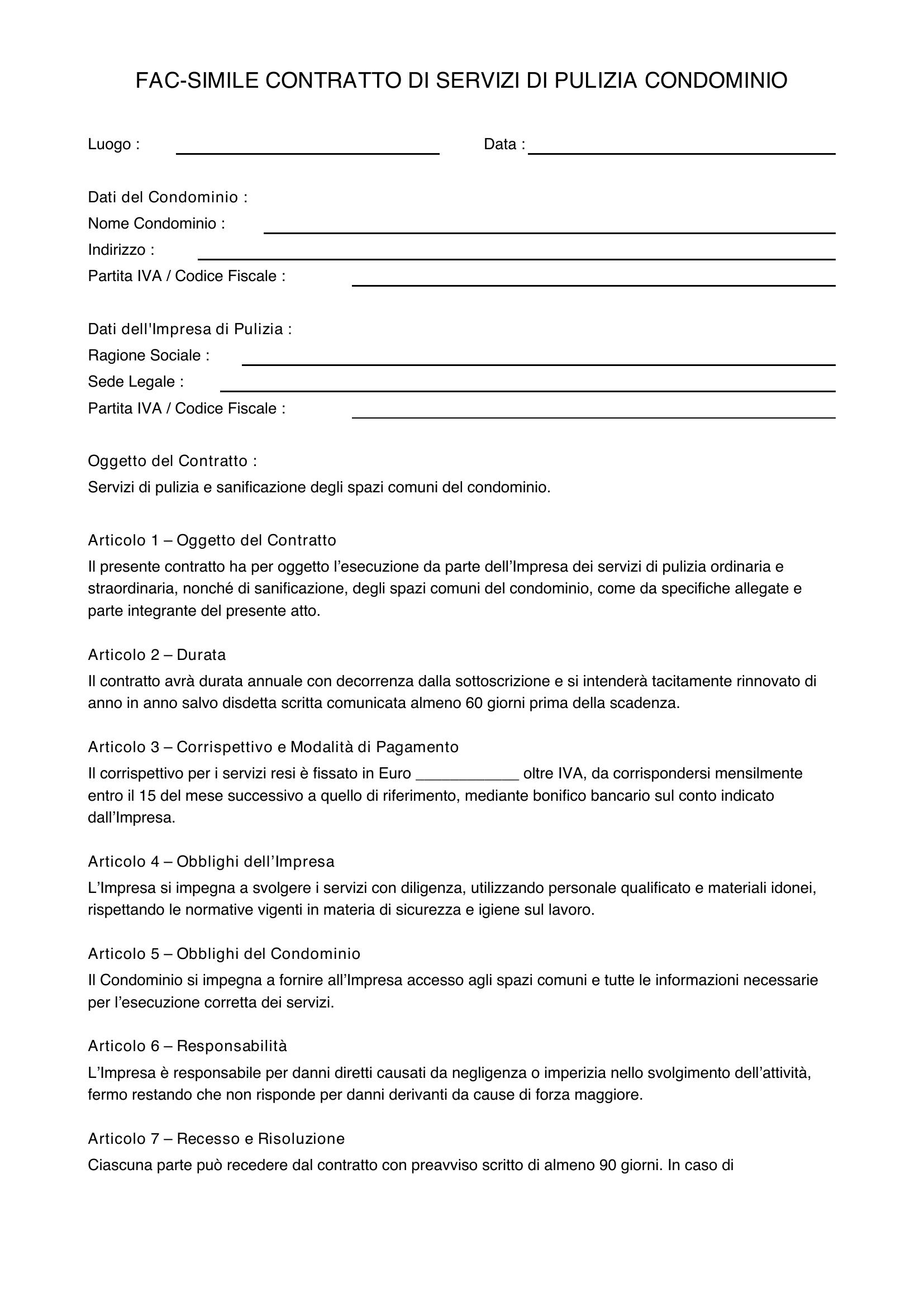 Fac-Simile Contratto Servizi Di Pulizia Condominio