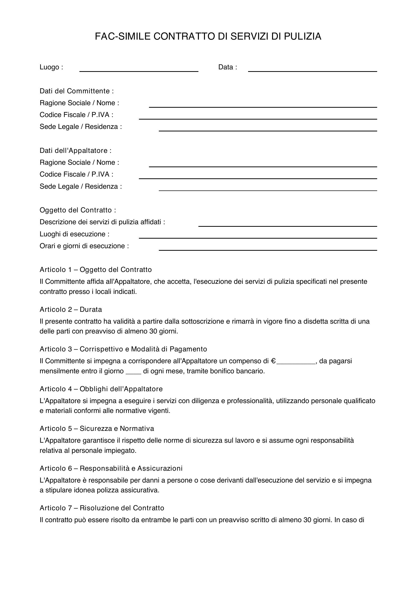 Fac-Simile Contratto Servizi Di Pulizia