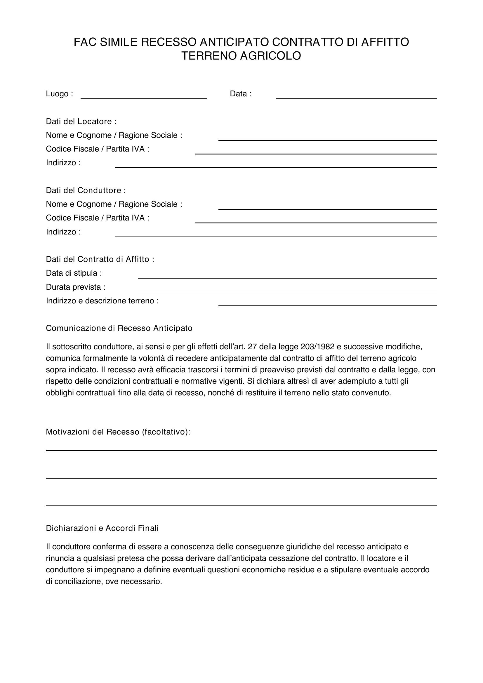 Fac Simile Recesso Anticipato Contratto Di Affitto Terreno Agricolo