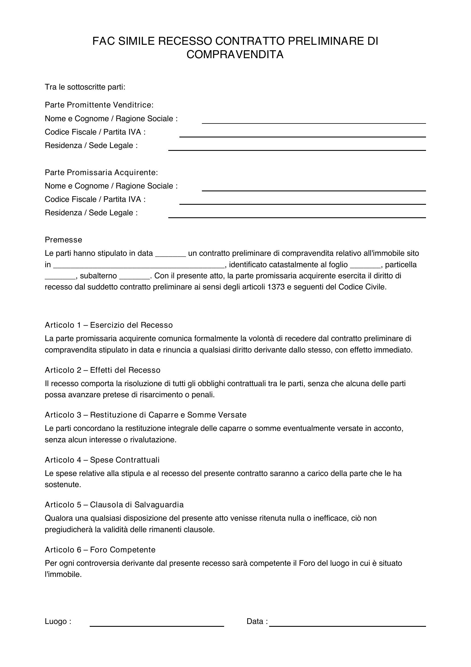 Fac Simile Recesso Contratto Preliminare Di Compravendita